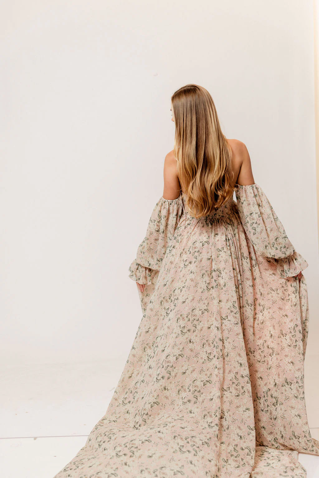 Delilah Floral Maxi Dress with Train in Blush/Grey - Bump Friendly - Image 2