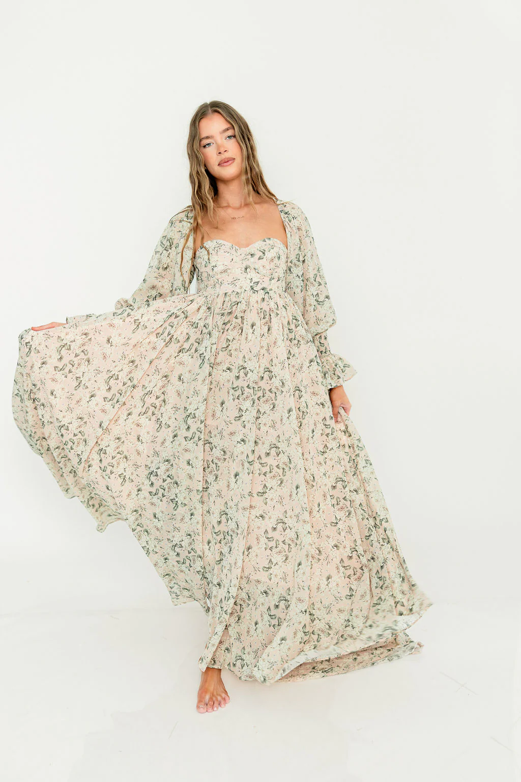 Delilah Floral Maxi Dress with Train in Blush/Grey - Bump Friendly - Image 20