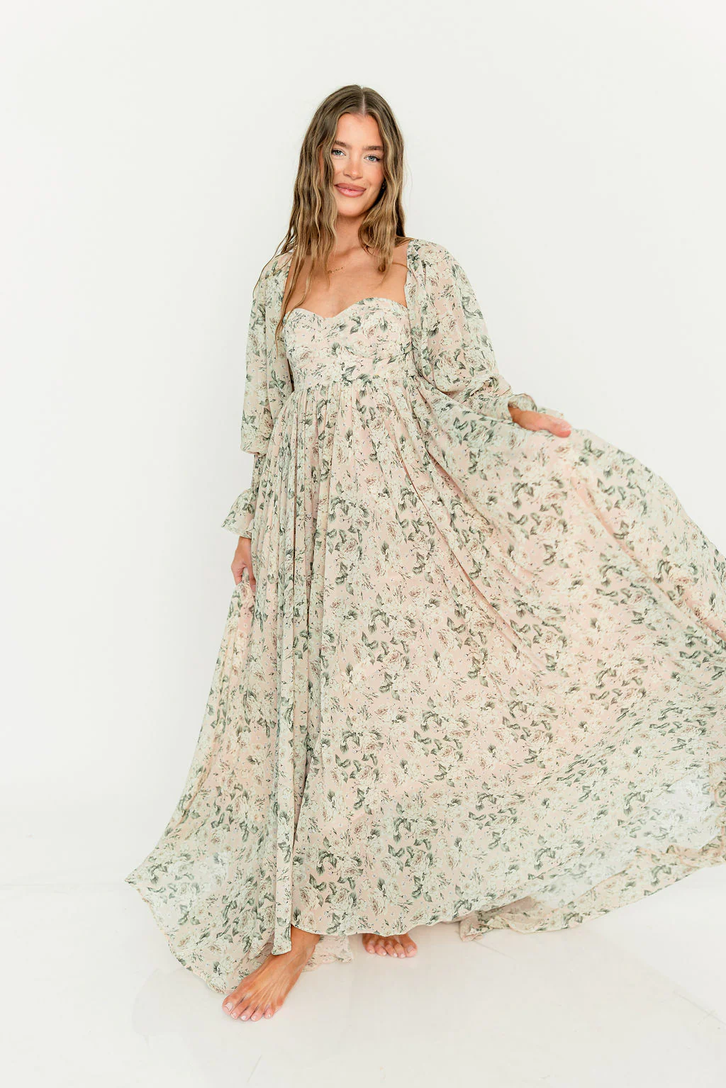 Delilah Floral Maxi Dress with Train in Blush/Grey - Bump Friendly - Image 21