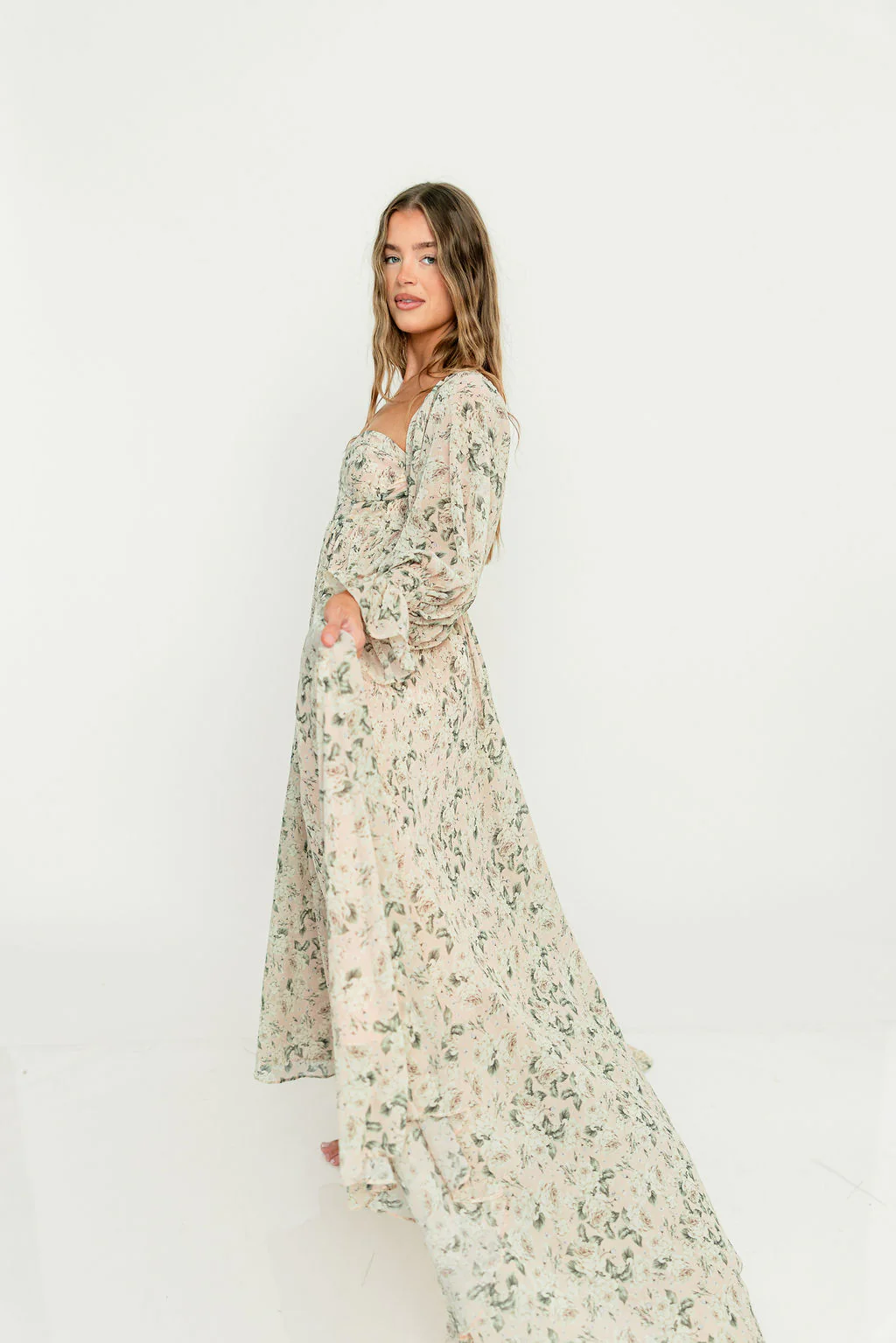 Delilah Floral Maxi Dress with Train in Blush/Grey - Bump Friendly - Image 22