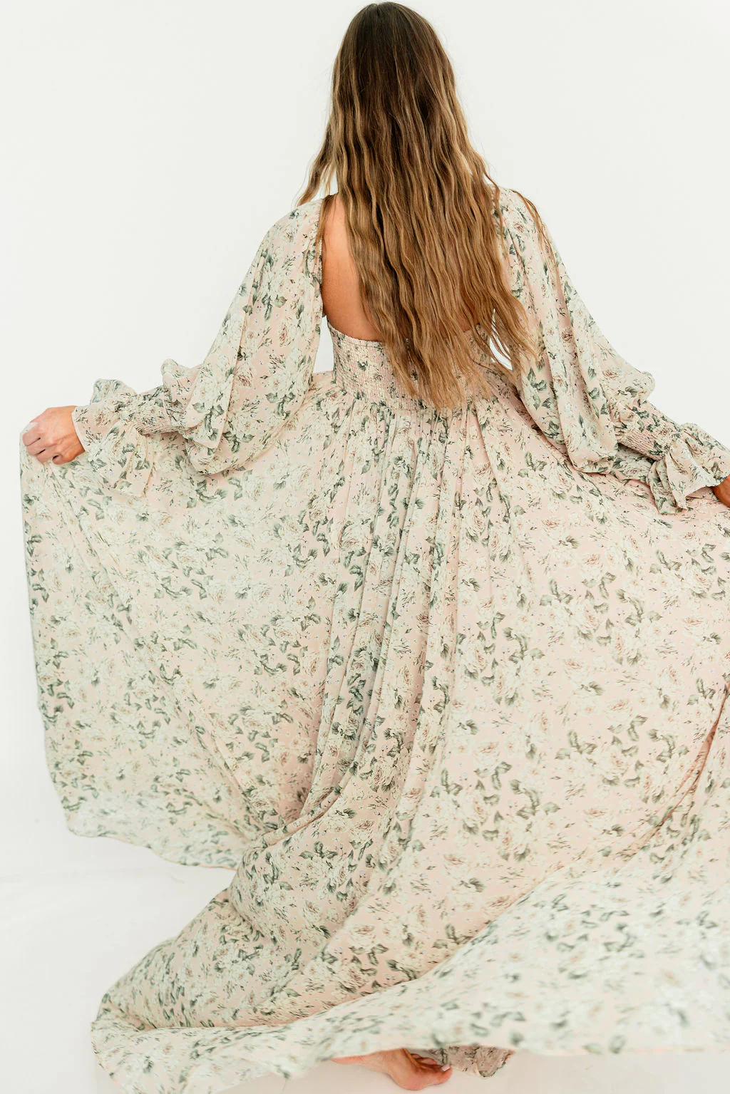 Delilah Floral Maxi Dress with Train in Blush/Grey - Bump Friendly - Image 24