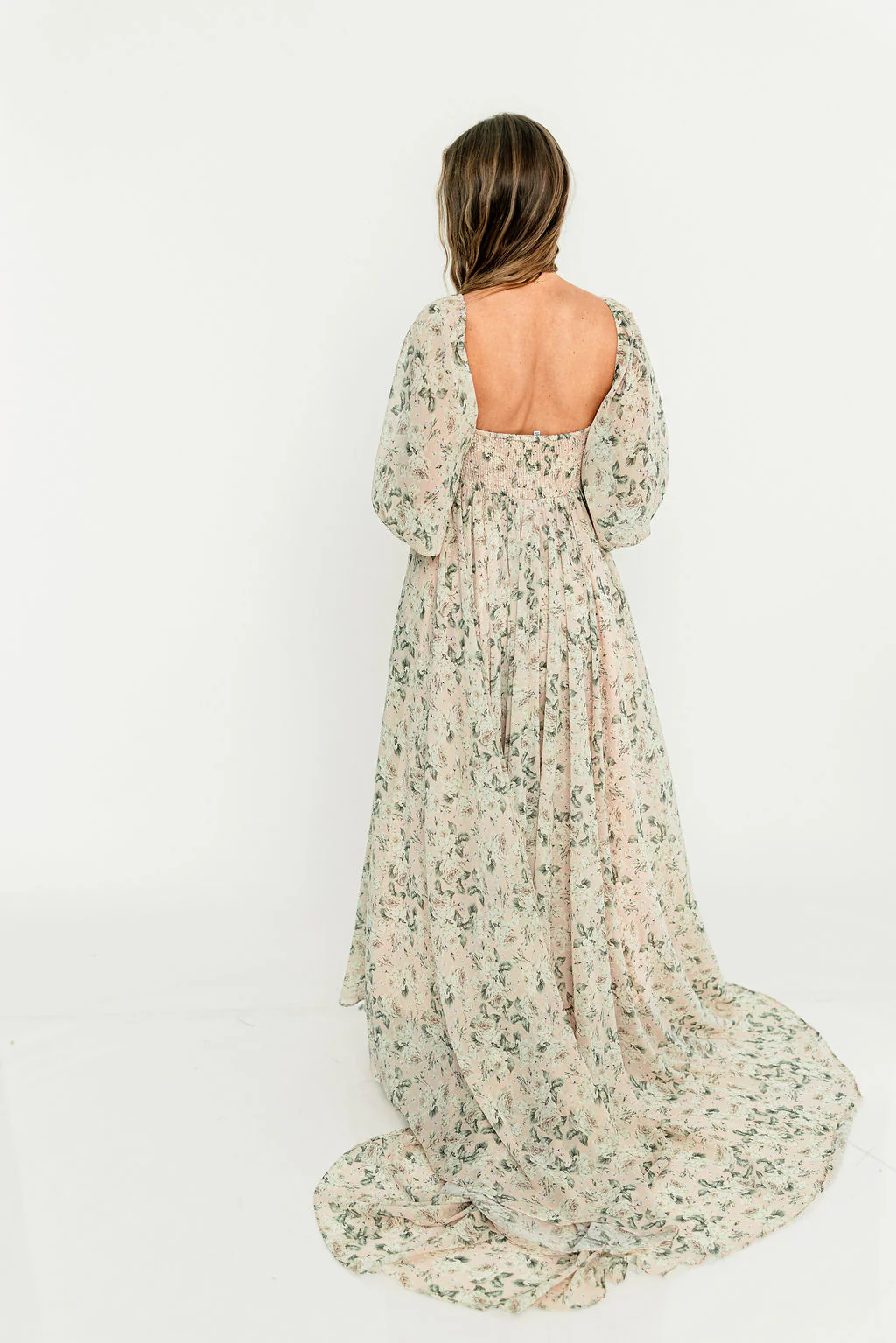 Delilah Floral Maxi Dress with Train in Blush/Grey - Bump Friendly - Image 25
