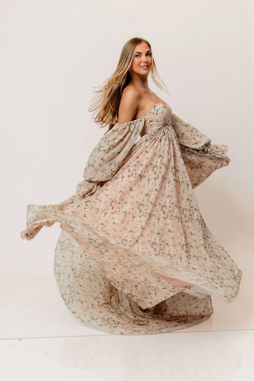 Delilah Floral Maxi Dress with Train in Blush/Grey - Bump Friendly - Image 3