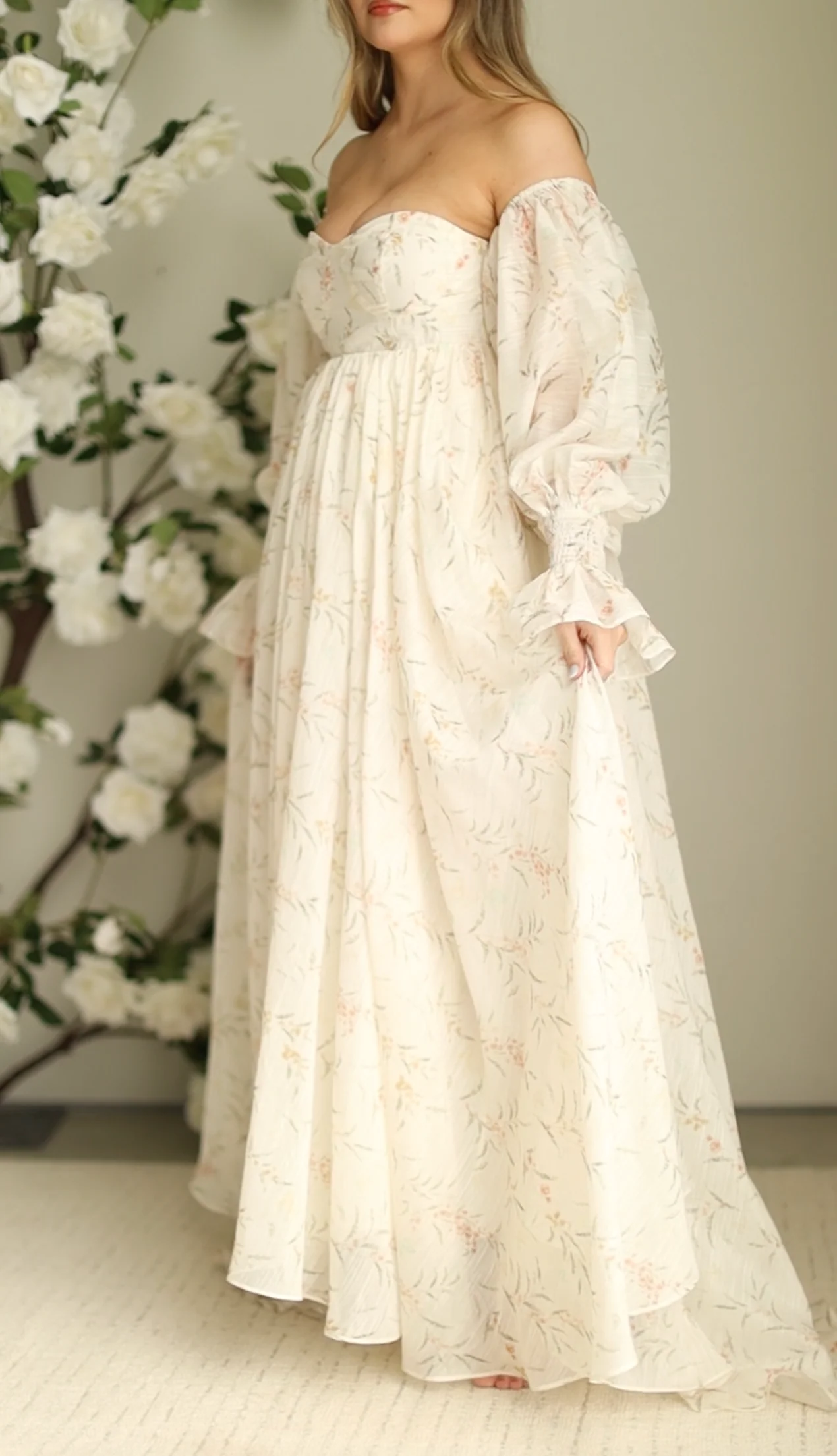 Delilah Maxi Dress With Train in Cream Floral - Bump Friendly *5/31 PRE-ORDER* - Image 7