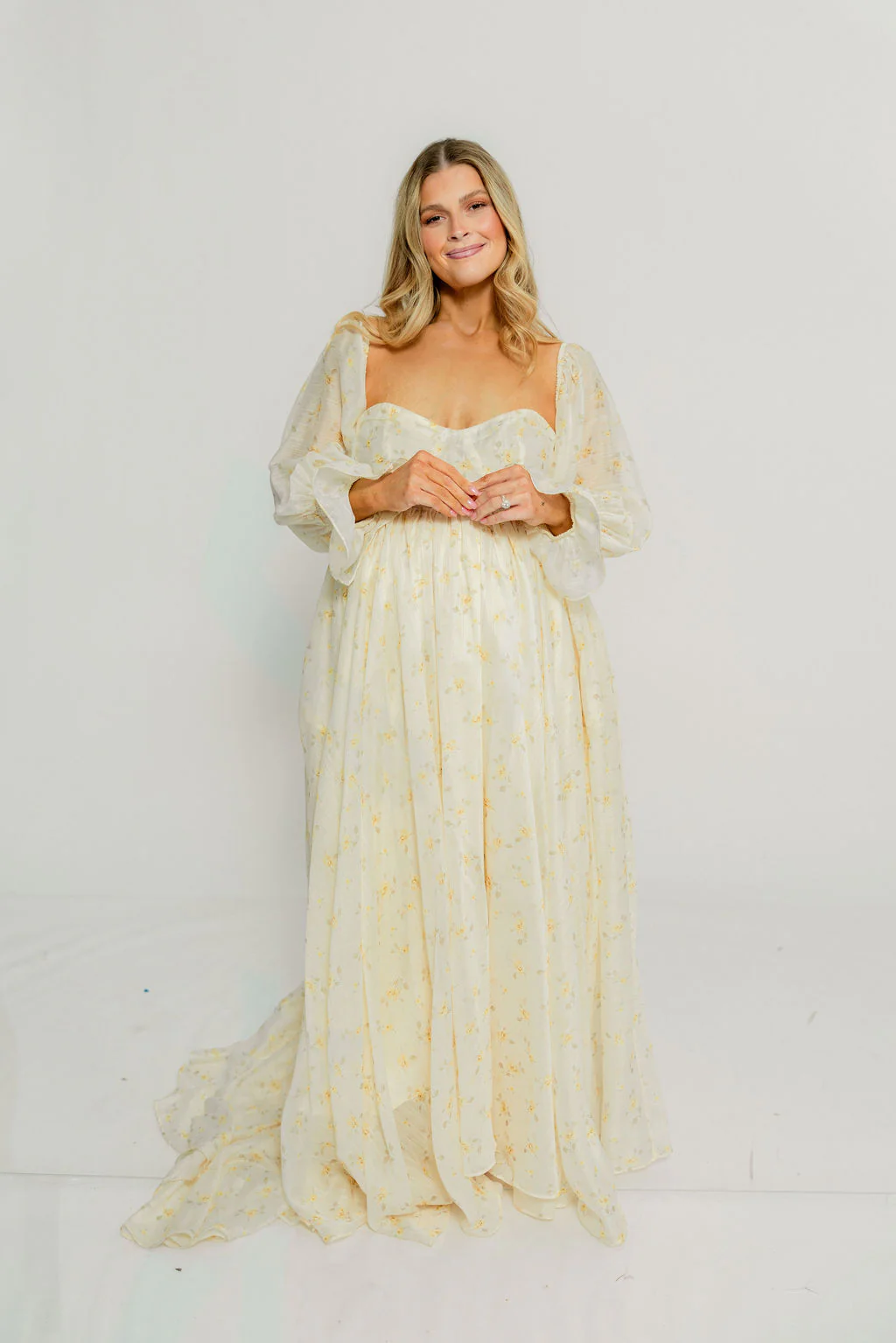 Delilah Maxi Dress with Train in Butter Yellow - Bump Friendly - Image 2