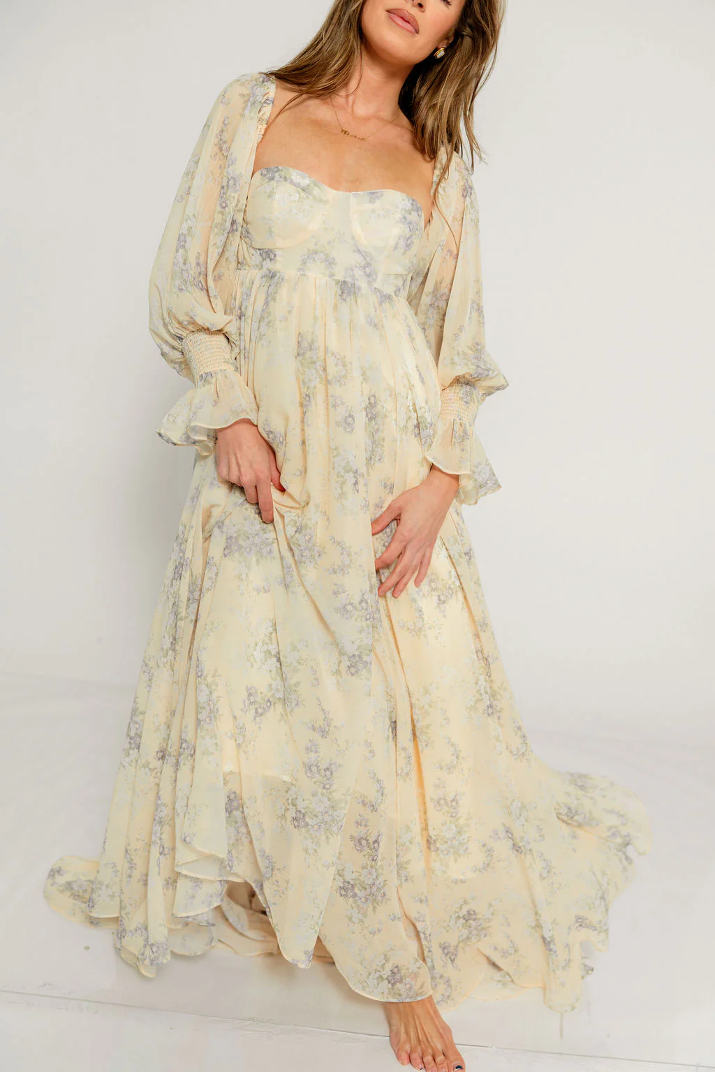 Delilah Maxi Dress with Train in Muted Peach Floral - Bump Friendly - Image 13