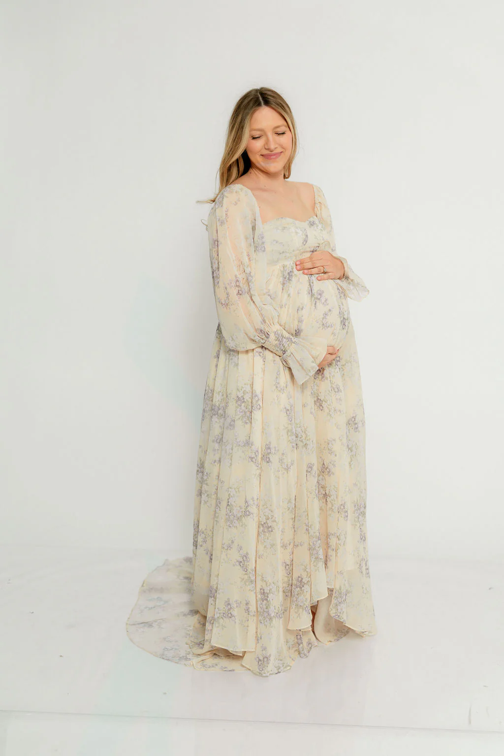 Delilah Maxi Dress with Train in Muted Peach Floral - Bump Friendly - Image 18