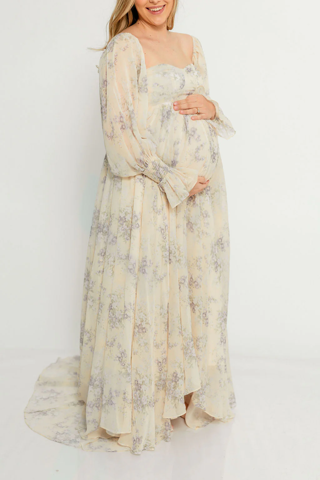 Delilah Maxi Dress with Train in Muted Peach Floral - Bump Friendly - Image 19