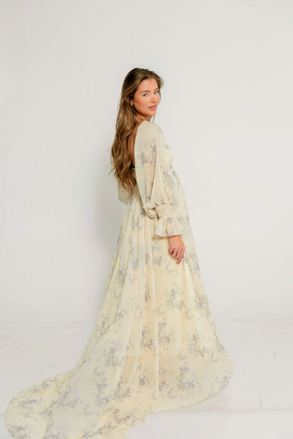 Delilah Maxi Dress with Train in Muted Peach Floral - Bump Friendly - Image 2