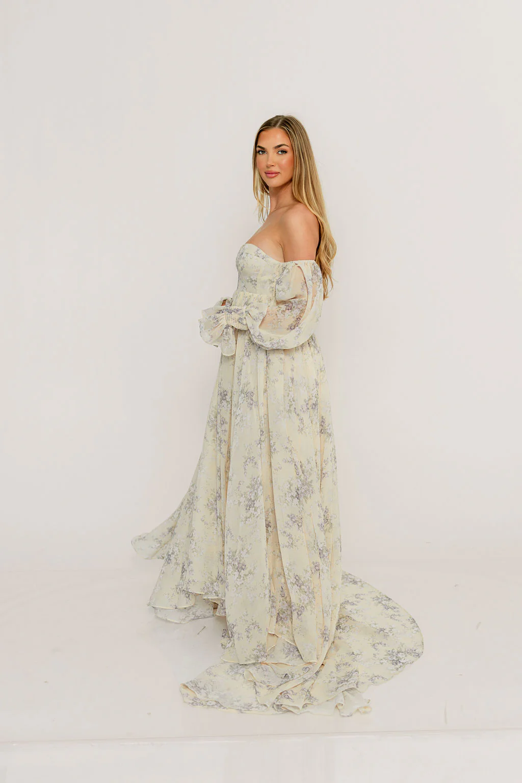 Delilah Maxi Dress with Train in Muted Peach Floral - Bump Friendly - Image 22