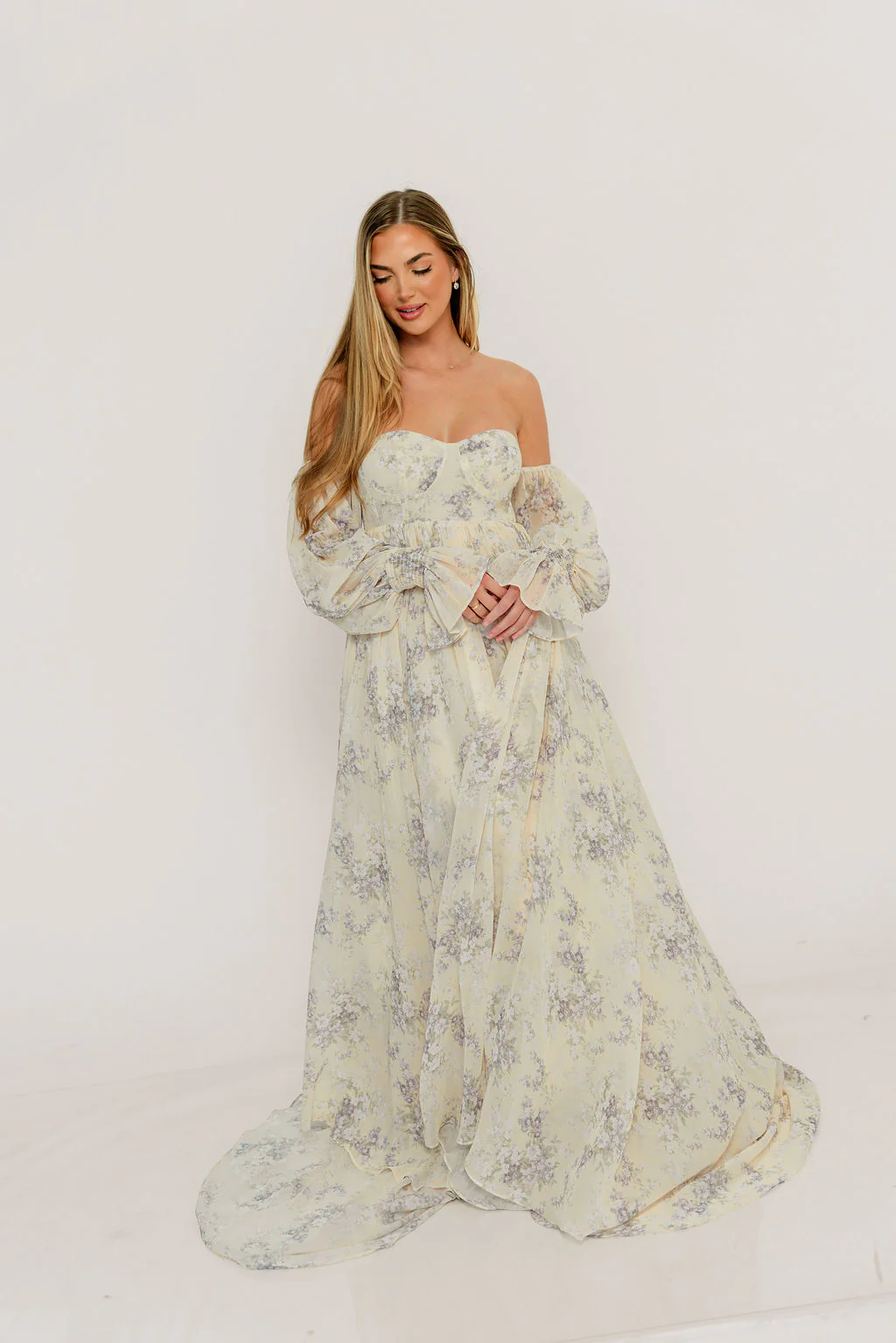 Delilah Maxi Dress with Train in Muted Peach Floral - Bump Friendly - Image 26