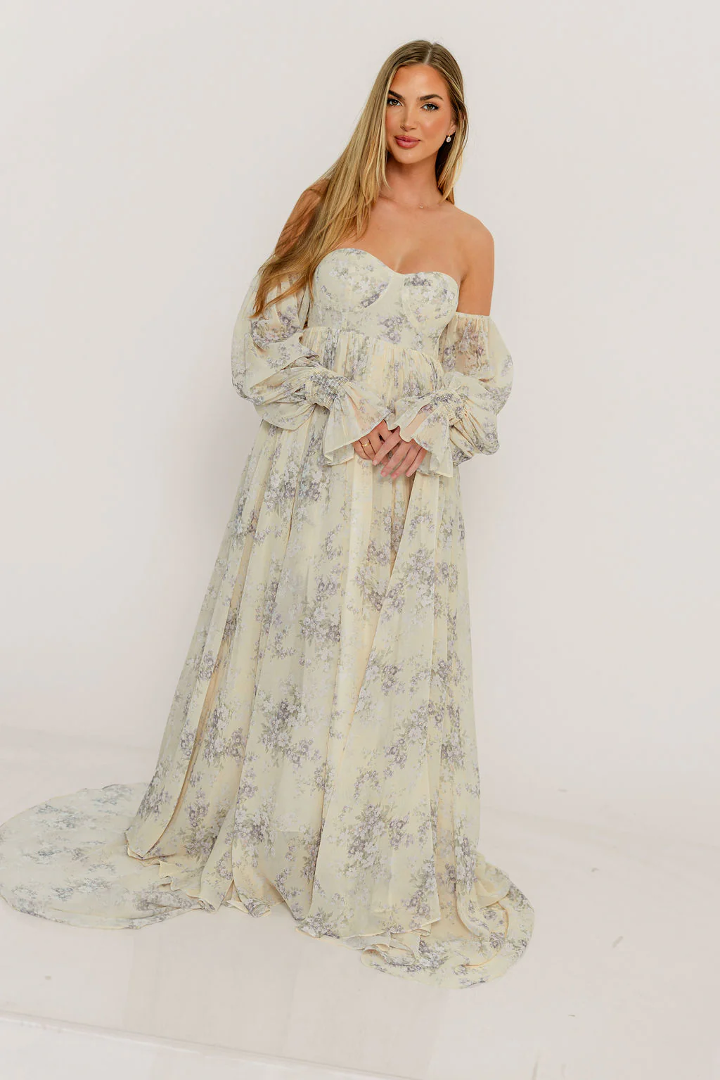 Delilah Maxi Dress with Train in Muted Peach Floral - Bump Friendly - Image 27