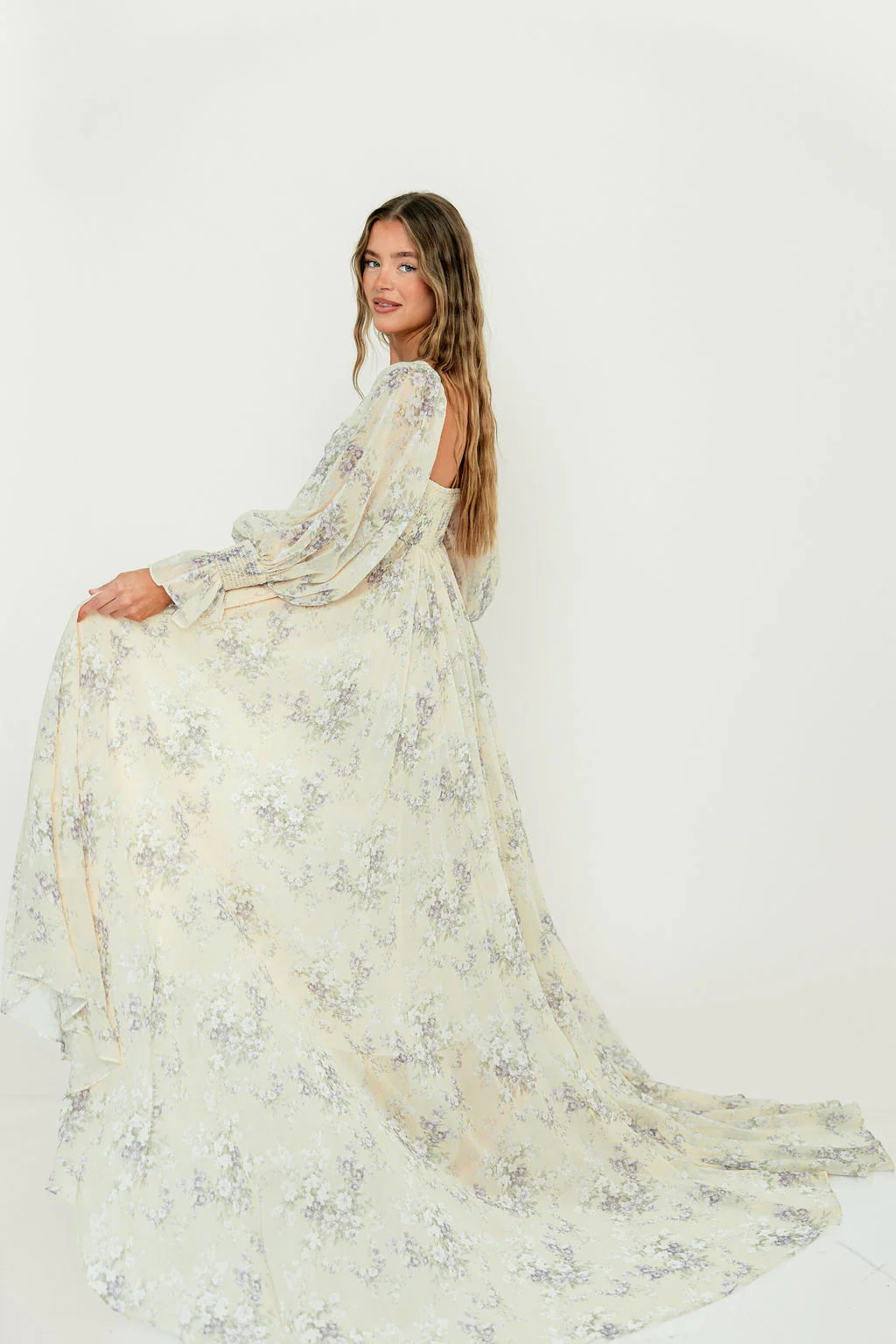 Delilah Maxi Dress with Train in Muted Peach Floral - Bump Friendly - Image 28