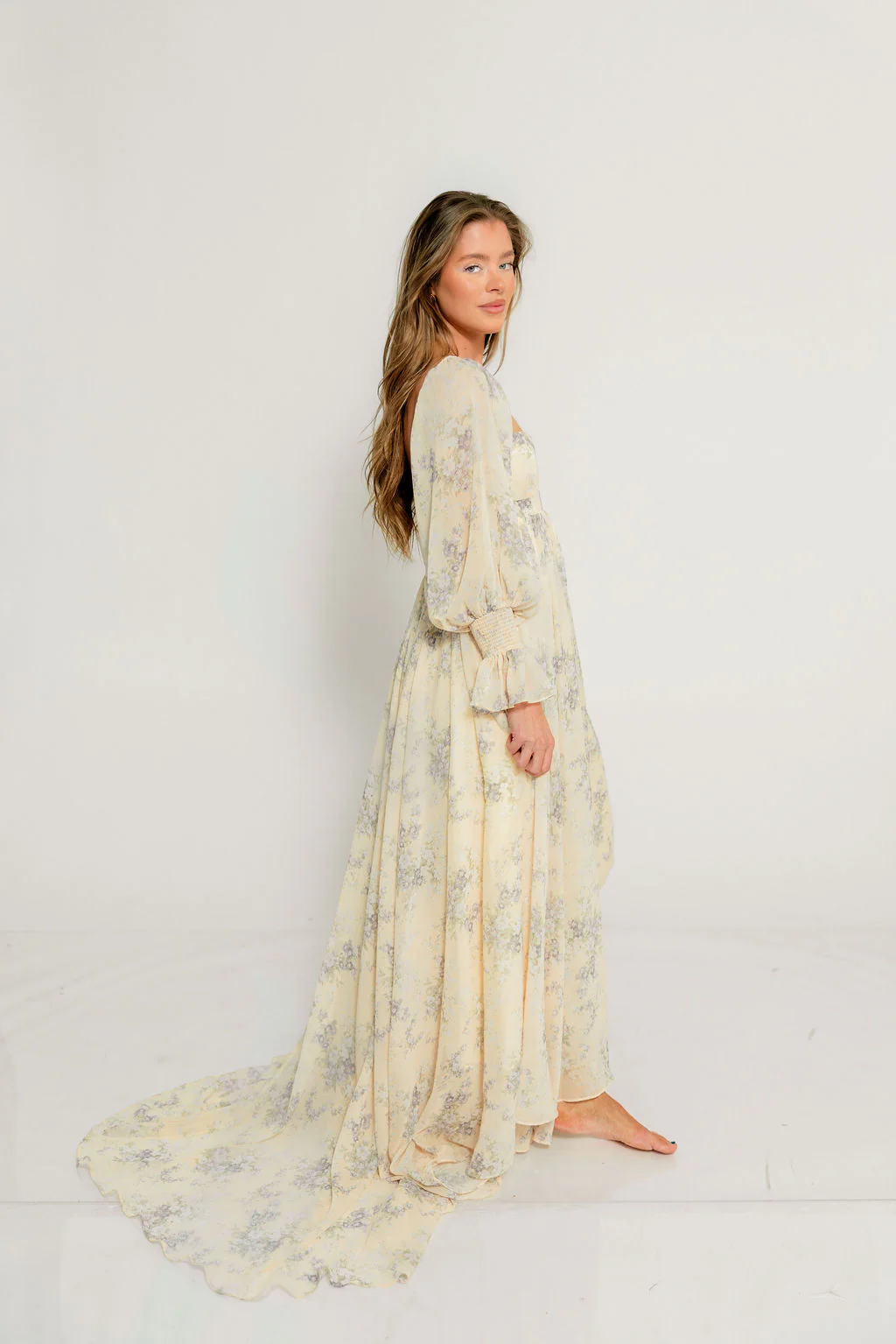 Delilah Maxi Dress with Train in Muted Peach Floral - Bump Friendly - Image 3