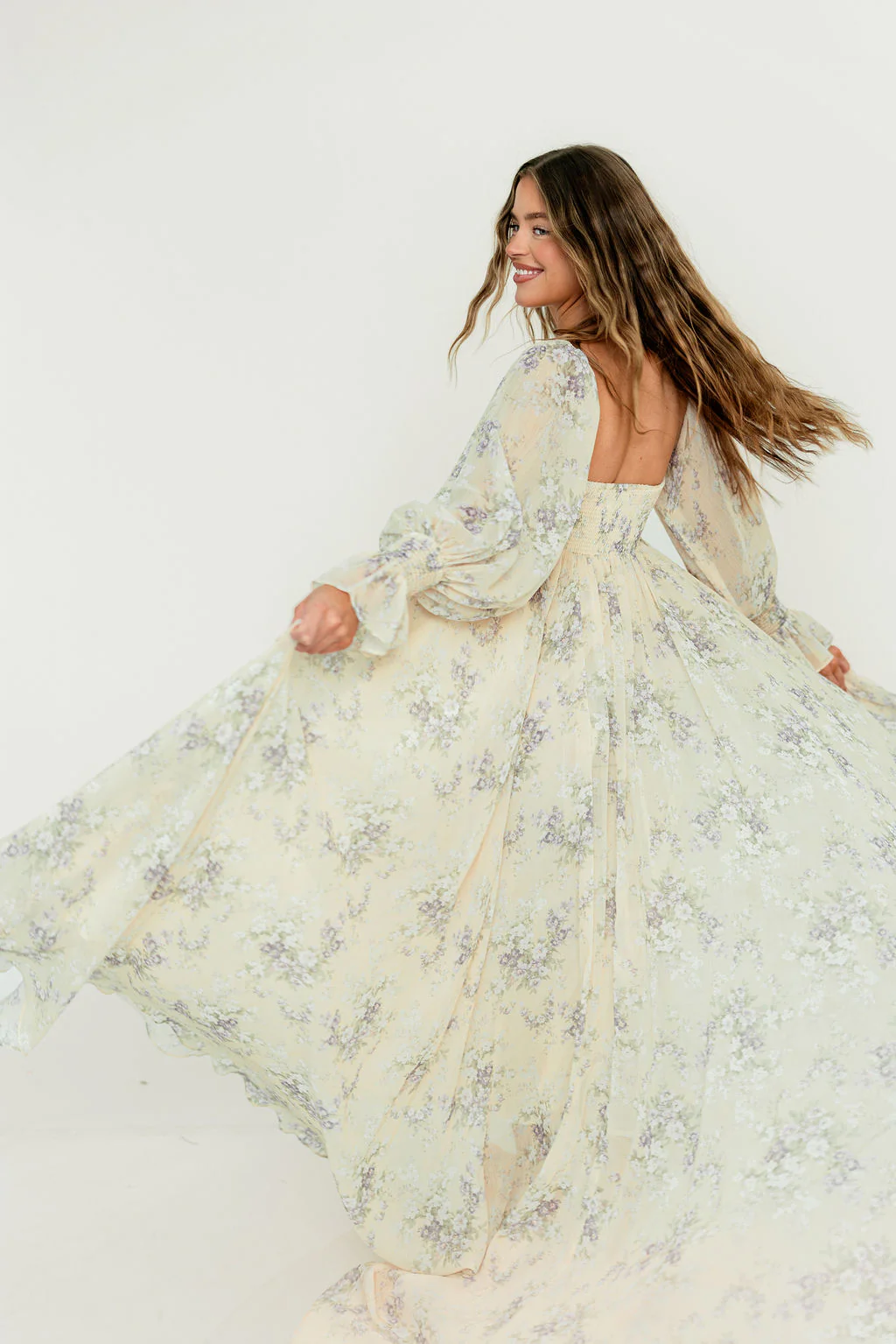 Delilah Maxi Dress with Train in Muted Peach Floral - Bump Friendly - Image 31