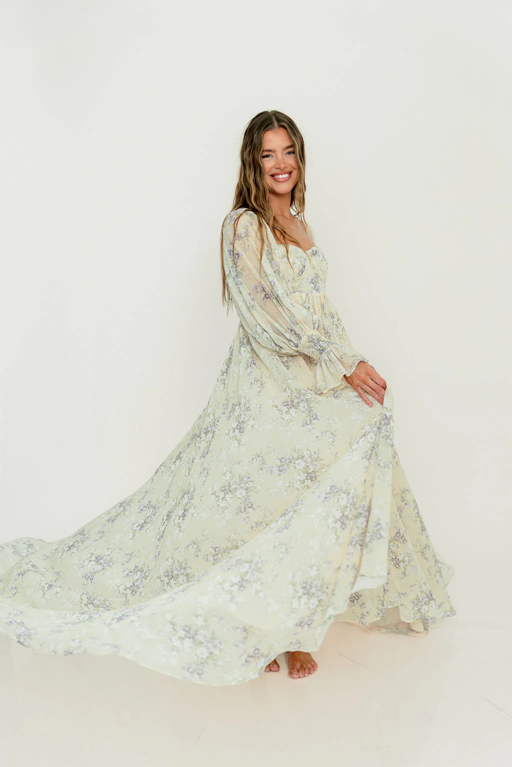 Delilah Maxi Dress with Train in Muted Peach Floral - Bump Friendly - Image 33