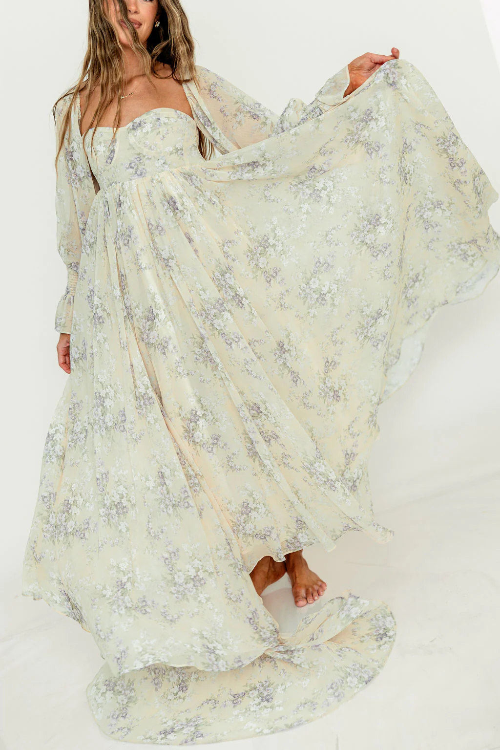 Delilah Maxi Dress with Train in Muted Peach Floral - Bump Friendly - Image 34