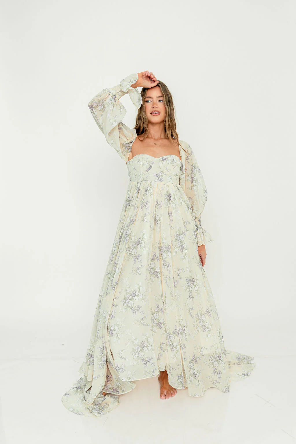 Delilah Maxi Dress with Train in Muted Peach Floral - Bump Friendly - Image 36