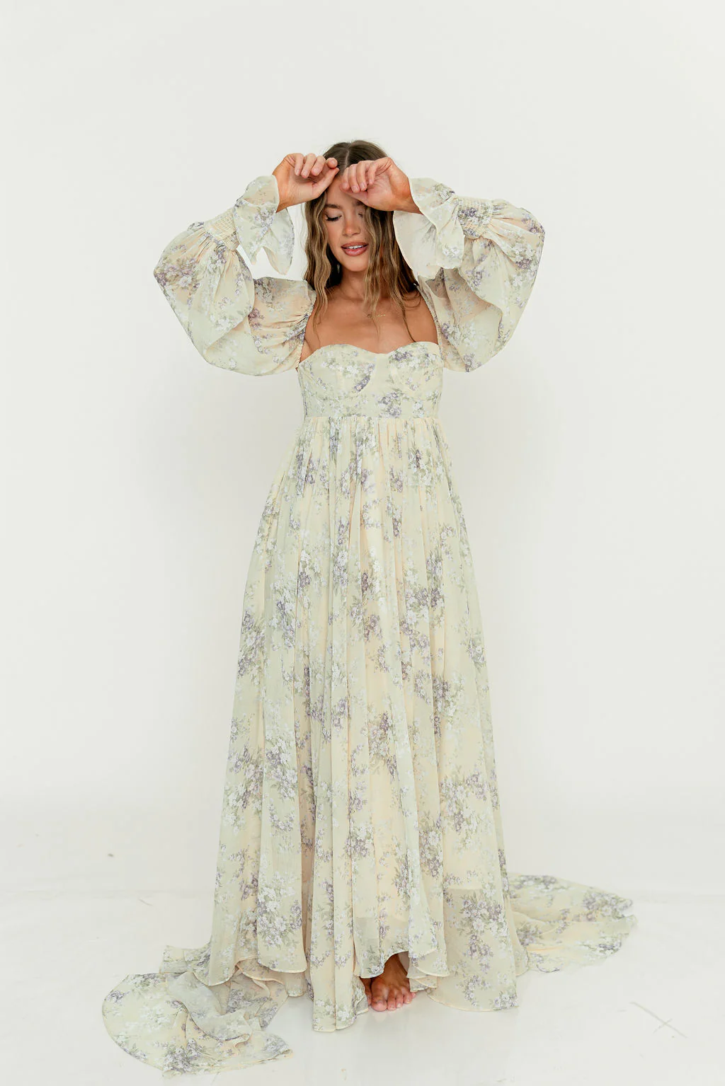 Delilah Maxi Dress with Train in Muted Peach Floral - Bump Friendly - Image 37