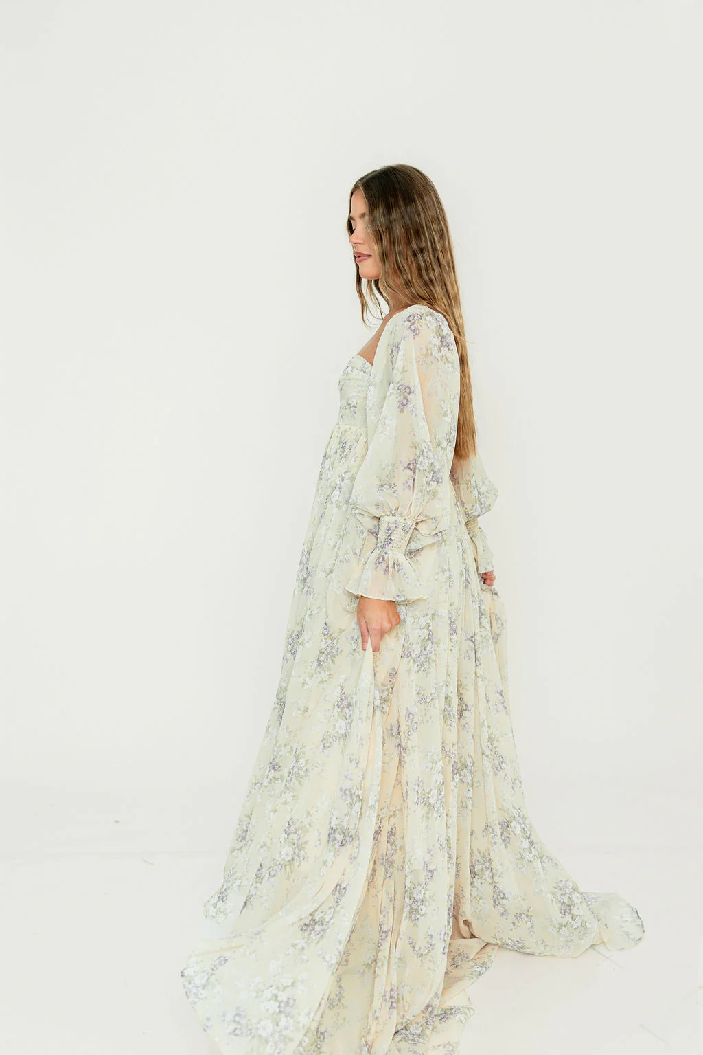 Delilah Maxi Dress with Train in Muted Peach Floral - Bump Friendly - Image 38
