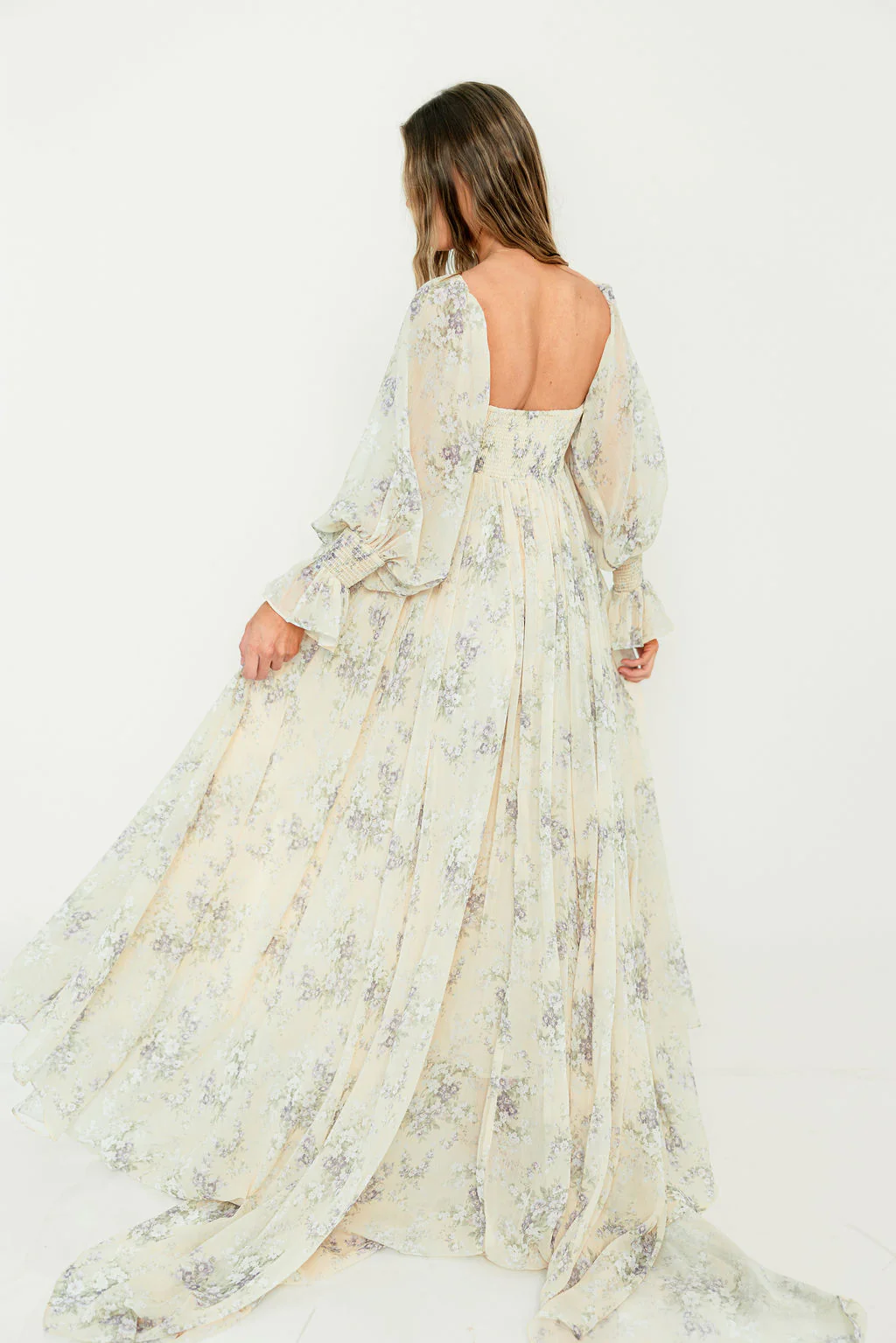 Delilah Maxi Dress with Train in Muted Peach Floral - Bump Friendly - Image 39