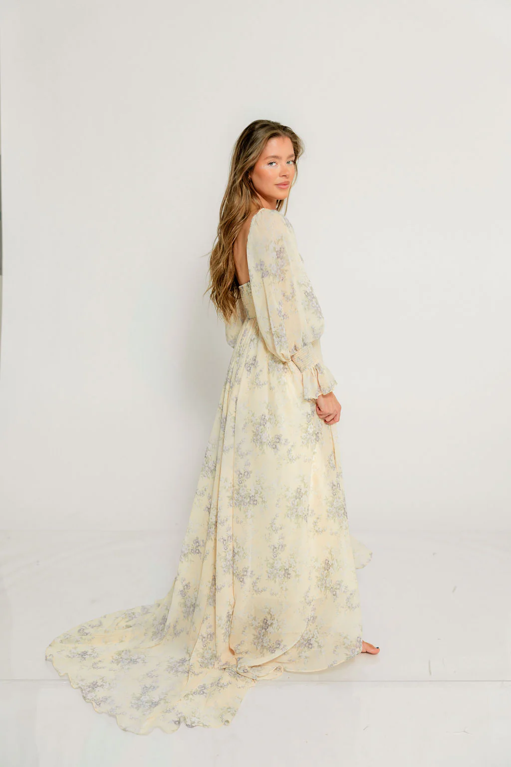 Delilah Maxi Dress with Train in Muted Peach Floral - Bump Friendly - Image 4