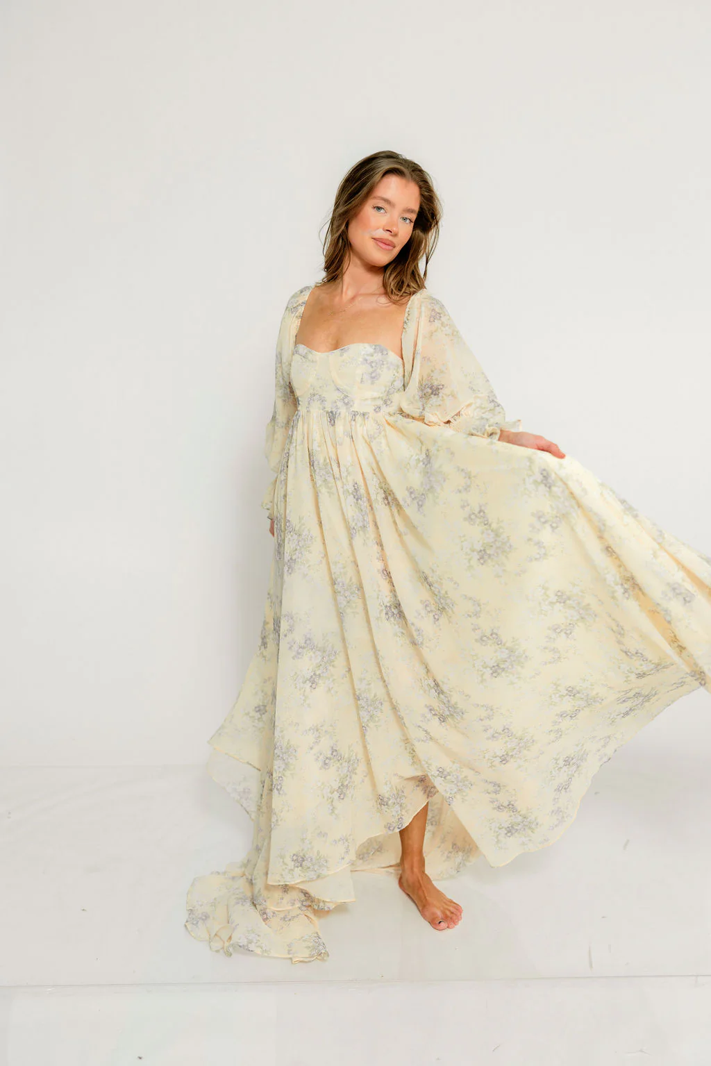 Delilah Maxi Dress with Train in Muted Peach Floral - Bump Friendly - Image 5