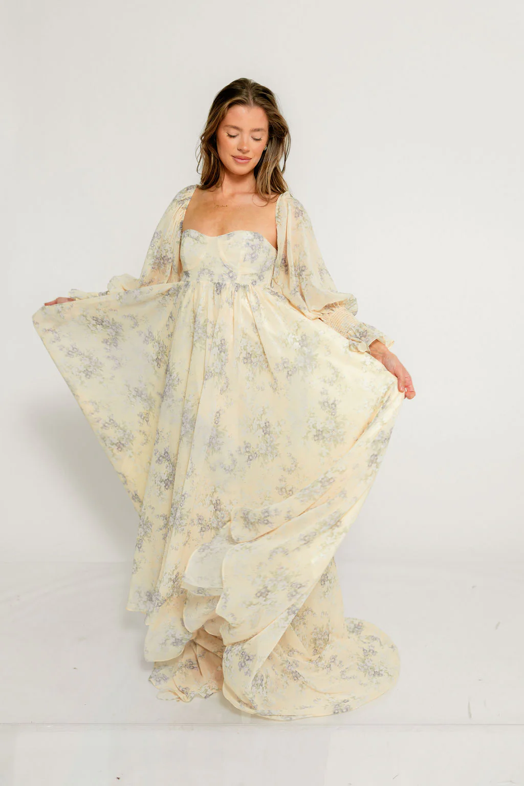 Delilah Maxi Dress with Train in Muted Peach Floral - Bump Friendly - Image 7