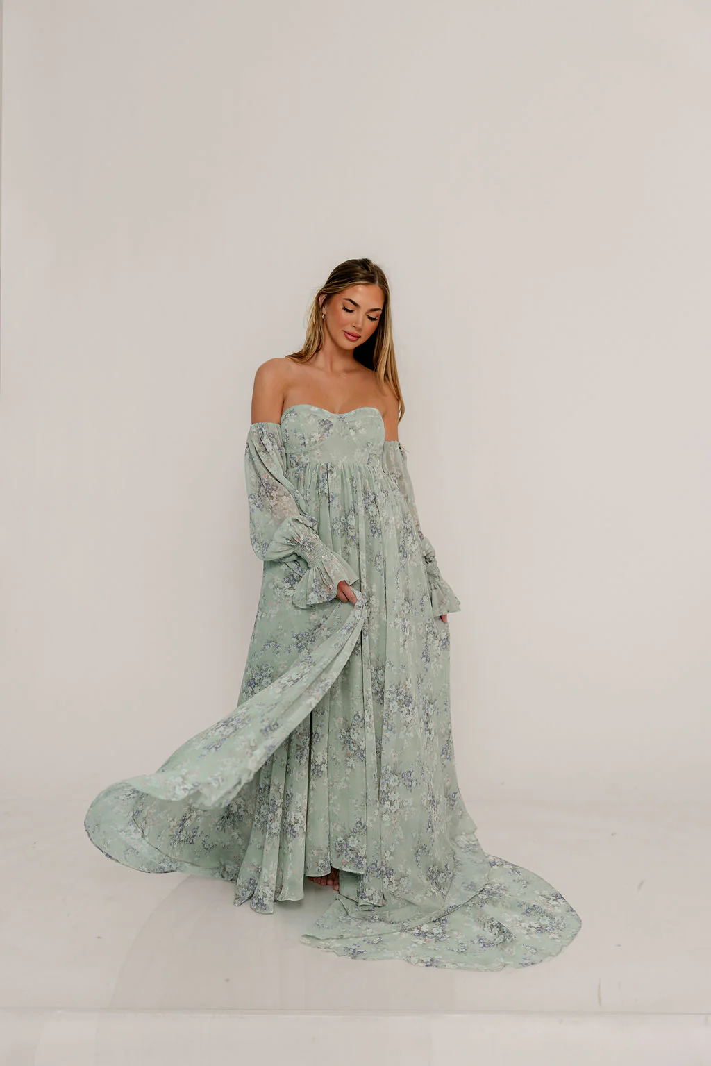 Delilah Maxi Dress with Train in Muted Sage Floral - Bump Friendly