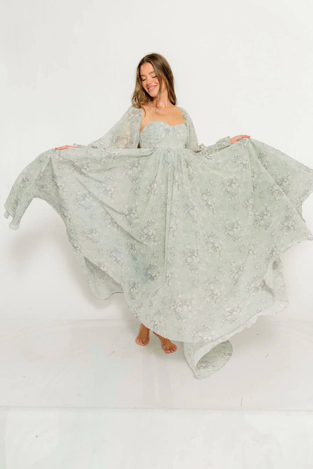 Delilah Maxi Dress with Train in Muted Sage Floral - Bump Friendly - Image 10
