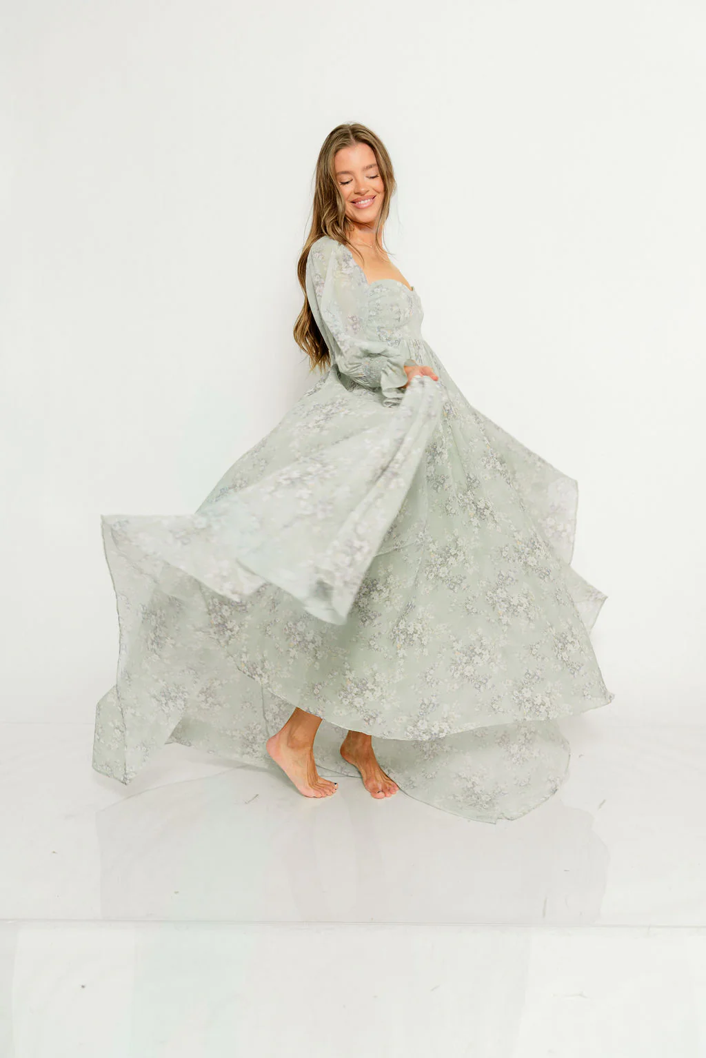 Delilah Maxi Dress with Train in Muted Sage Floral - Bump Friendly - Image 11