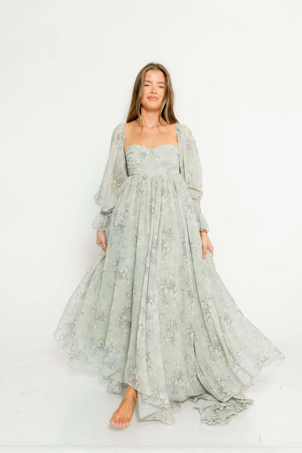 Delilah Maxi Dress with Train in Muted Sage Floral - Bump Friendly - Image 12