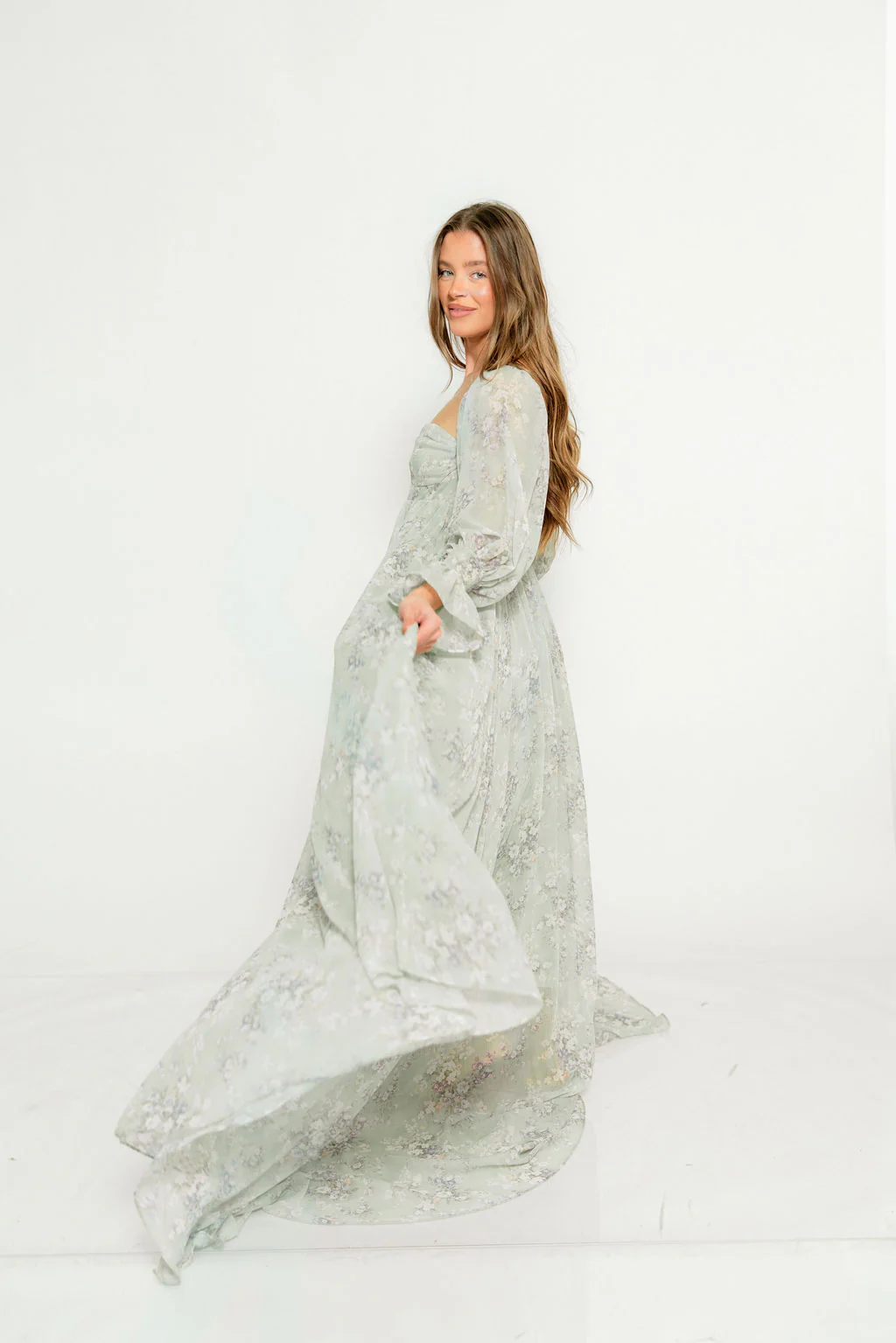 Delilah Maxi Dress with Train in Muted Sage Floral - Bump Friendly - Image 13