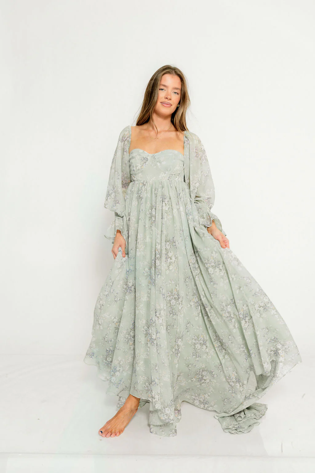 Delilah Maxi Dress with Train in Muted Sage Floral - Bump Friendly - Image 14