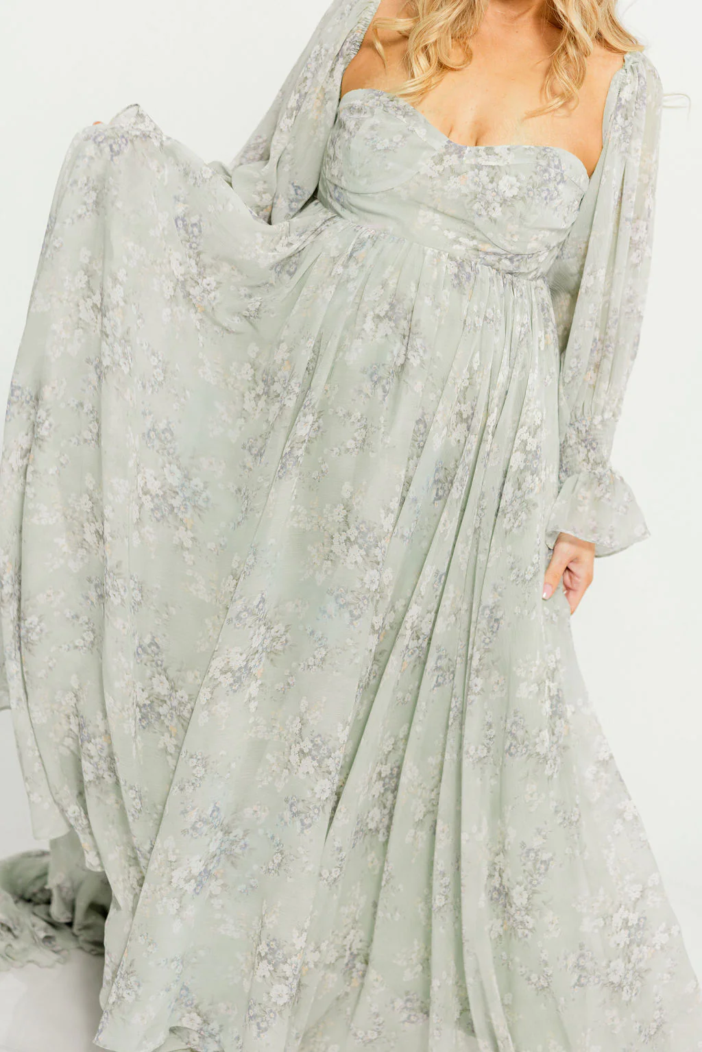 Delilah Maxi Dress with Train in Muted Sage Floral - Bump Friendly - Image 15