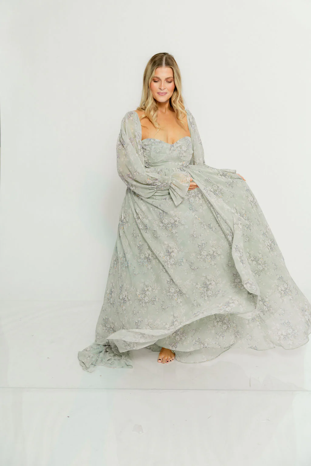 Delilah Maxi Dress with Train in Muted Sage Floral - Bump Friendly - Image 16