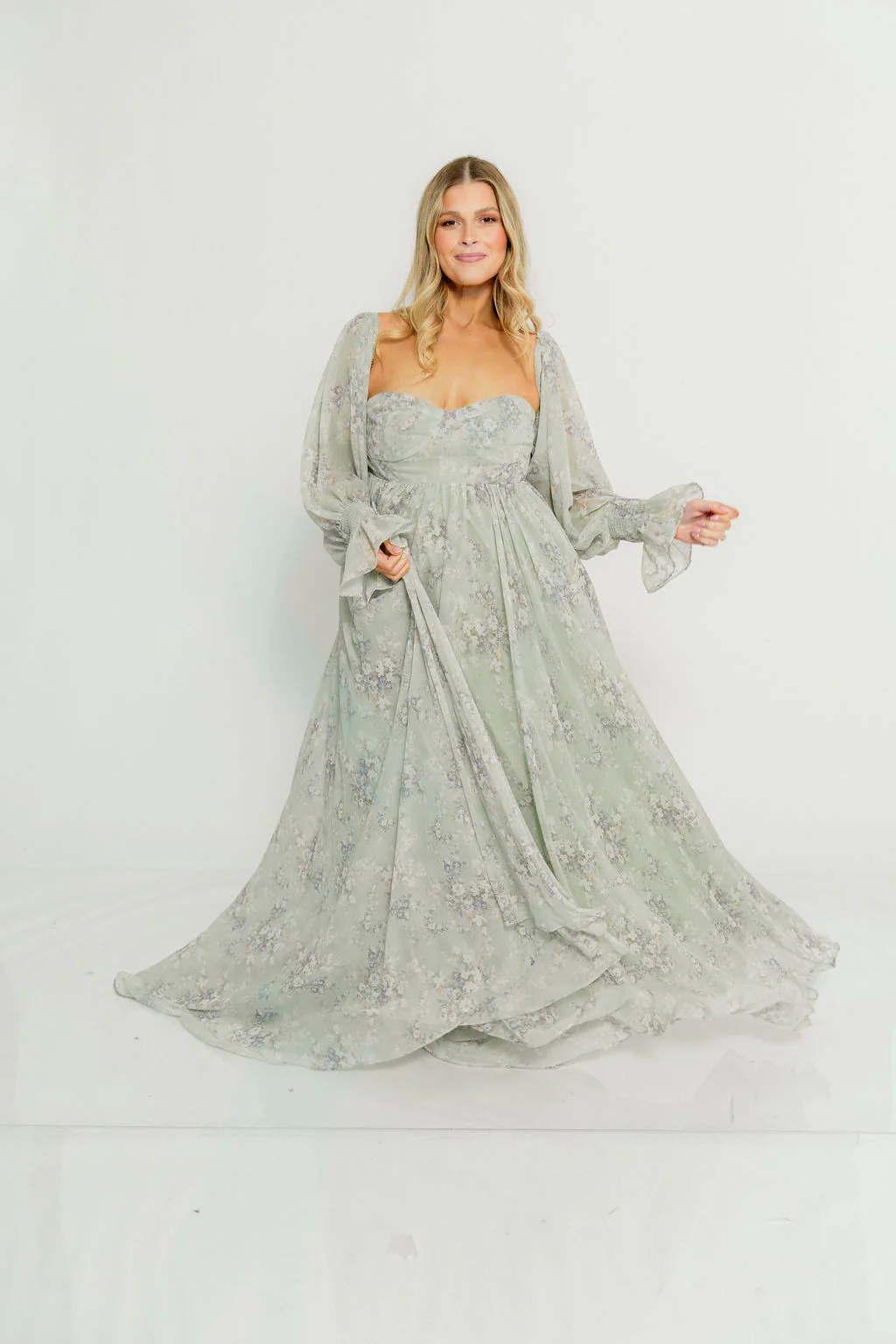 Delilah Maxi Dress with Train in Muted Sage Floral - Bump Friendly - Image 17