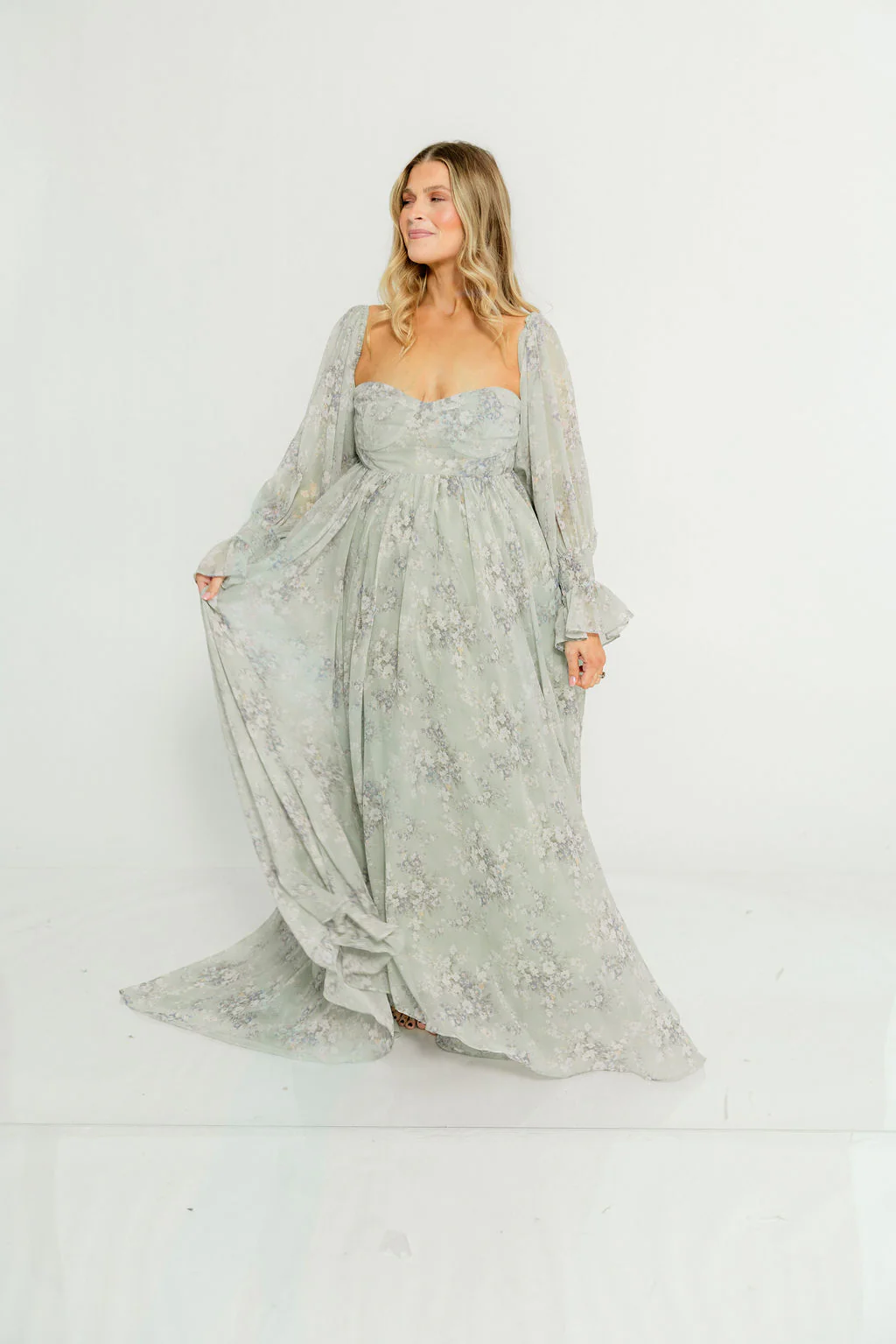 Delilah Maxi Dress with Train in Muted Sage Floral - Bump Friendly - Image 18