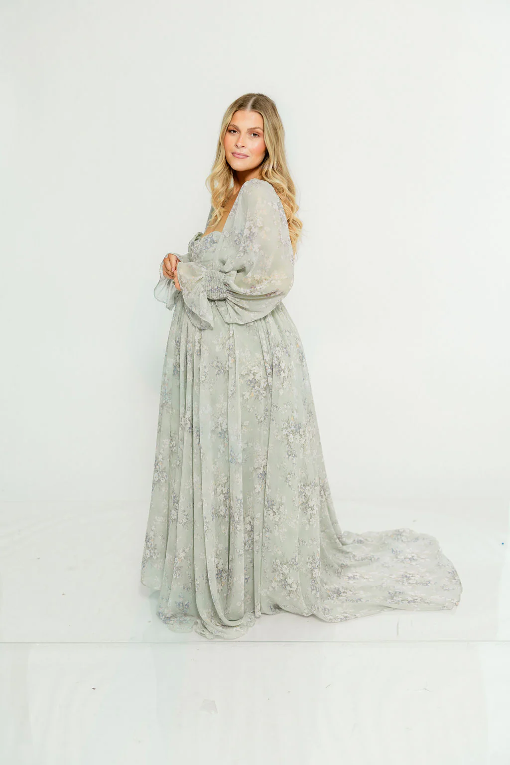 Delilah Maxi Dress with Train in Muted Sage Floral - Bump Friendly - Image 19