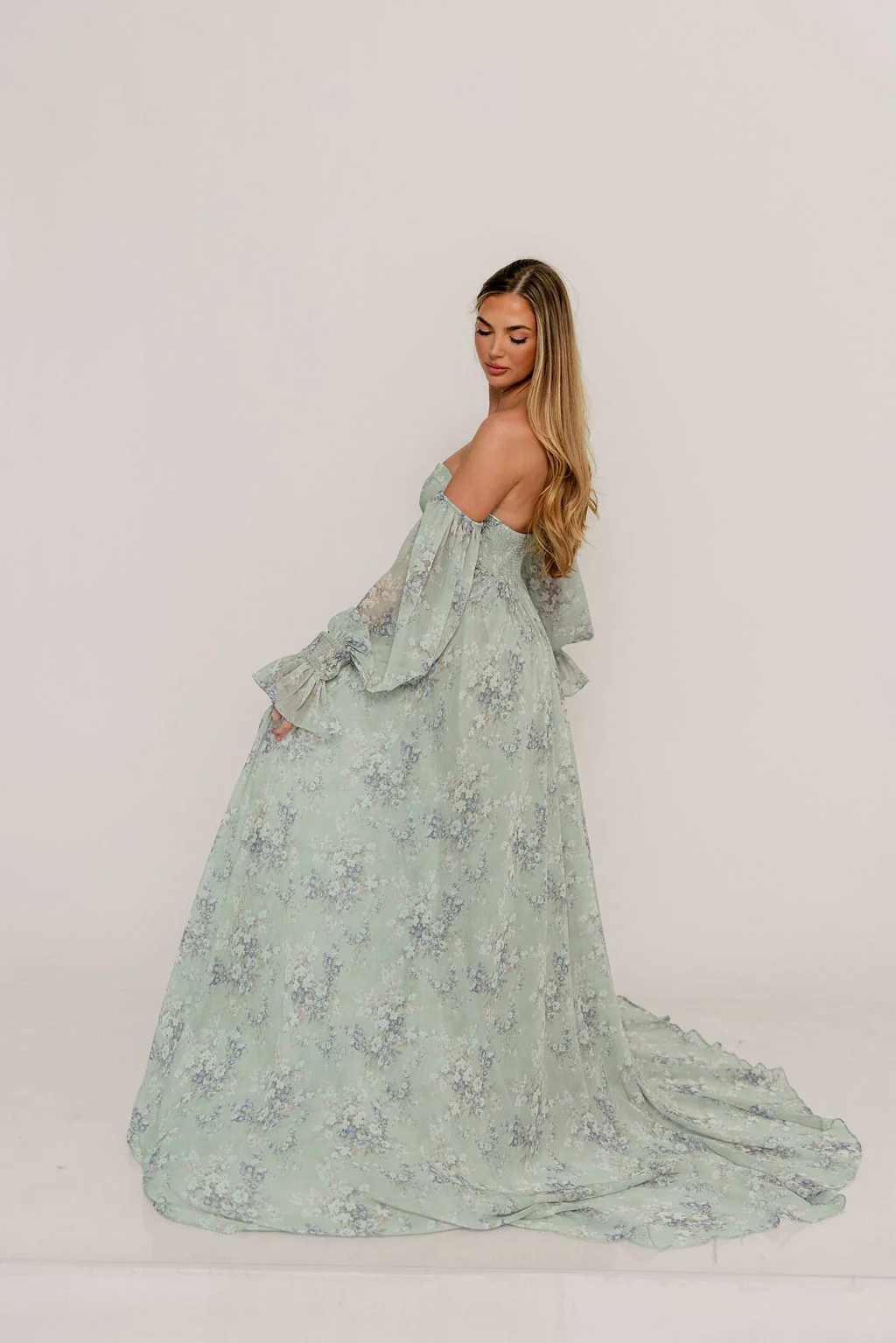Delilah Maxi Dress with Train in Muted Sage Floral - Bump Friendly - Image 2