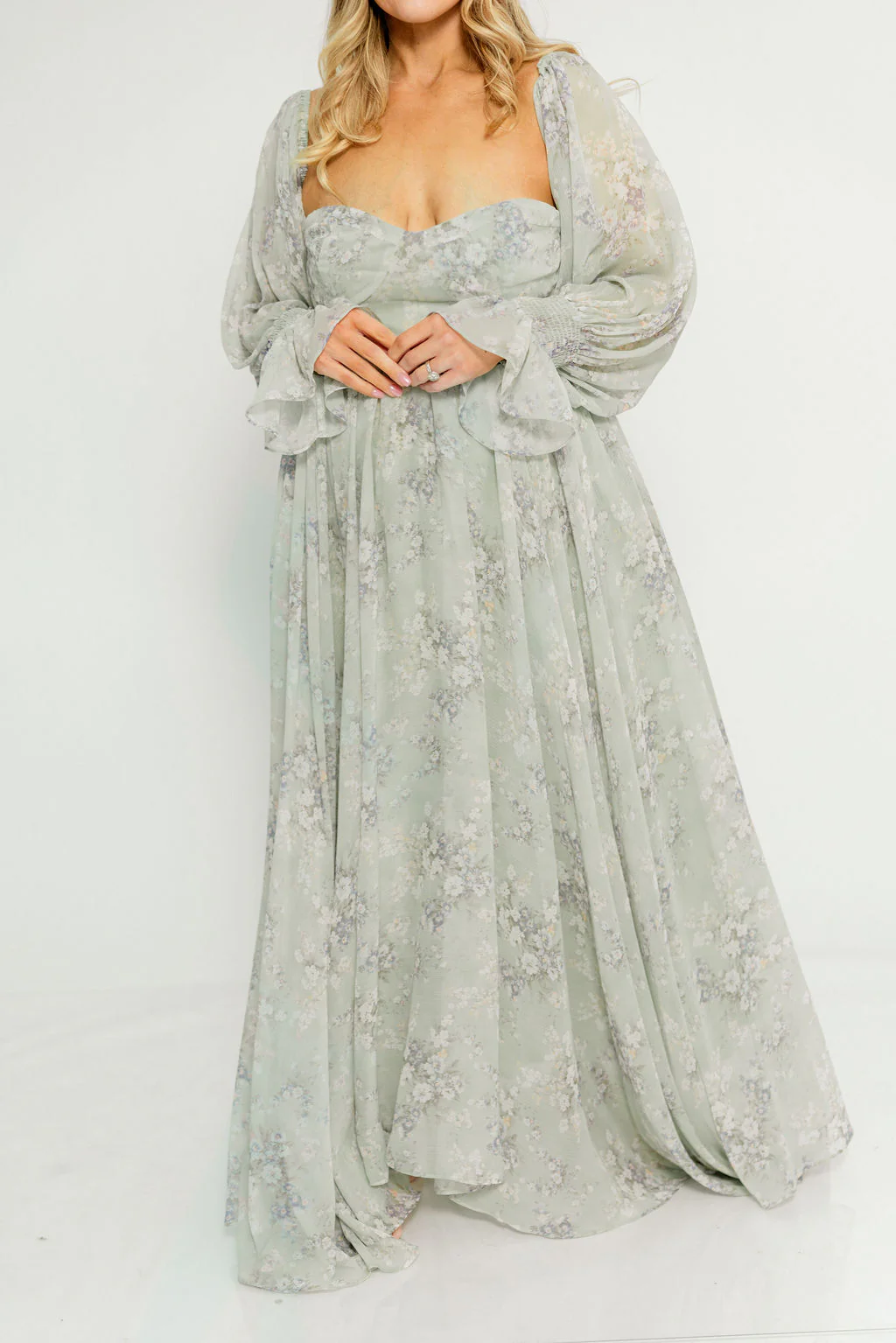 Delilah Maxi Dress with Train in Muted Sage Floral - Bump Friendly - Image 22