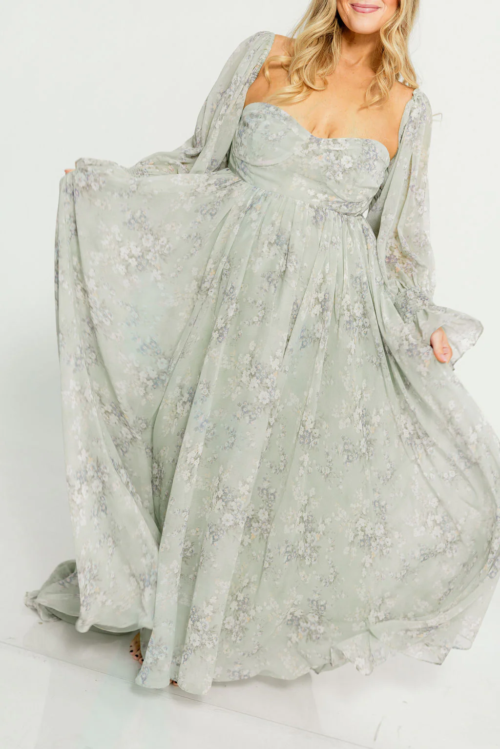 Delilah Maxi Dress with Train in Muted Sage Floral - Bump Friendly - Image 23