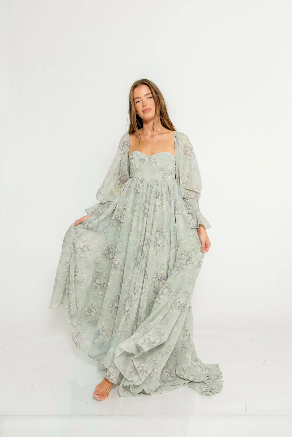 Delilah Maxi Dress with Train in Muted Sage Floral - Bump Friendly - Image 24
