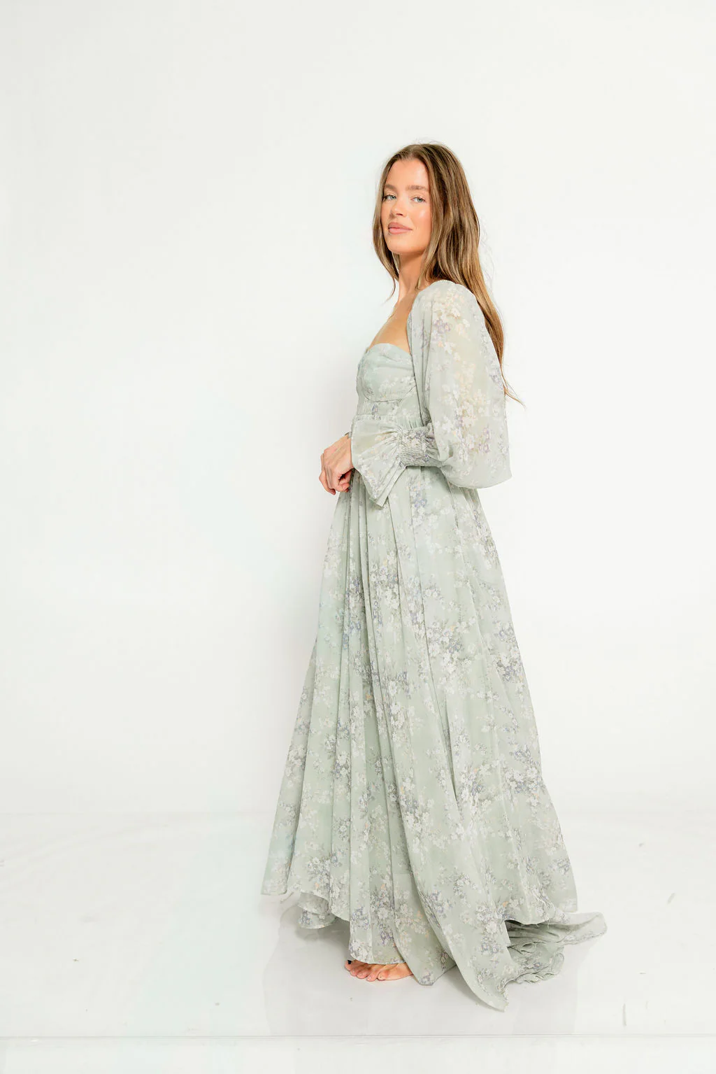 Delilah Maxi Dress with Train in Muted Sage Floral - Bump Friendly - Image 25