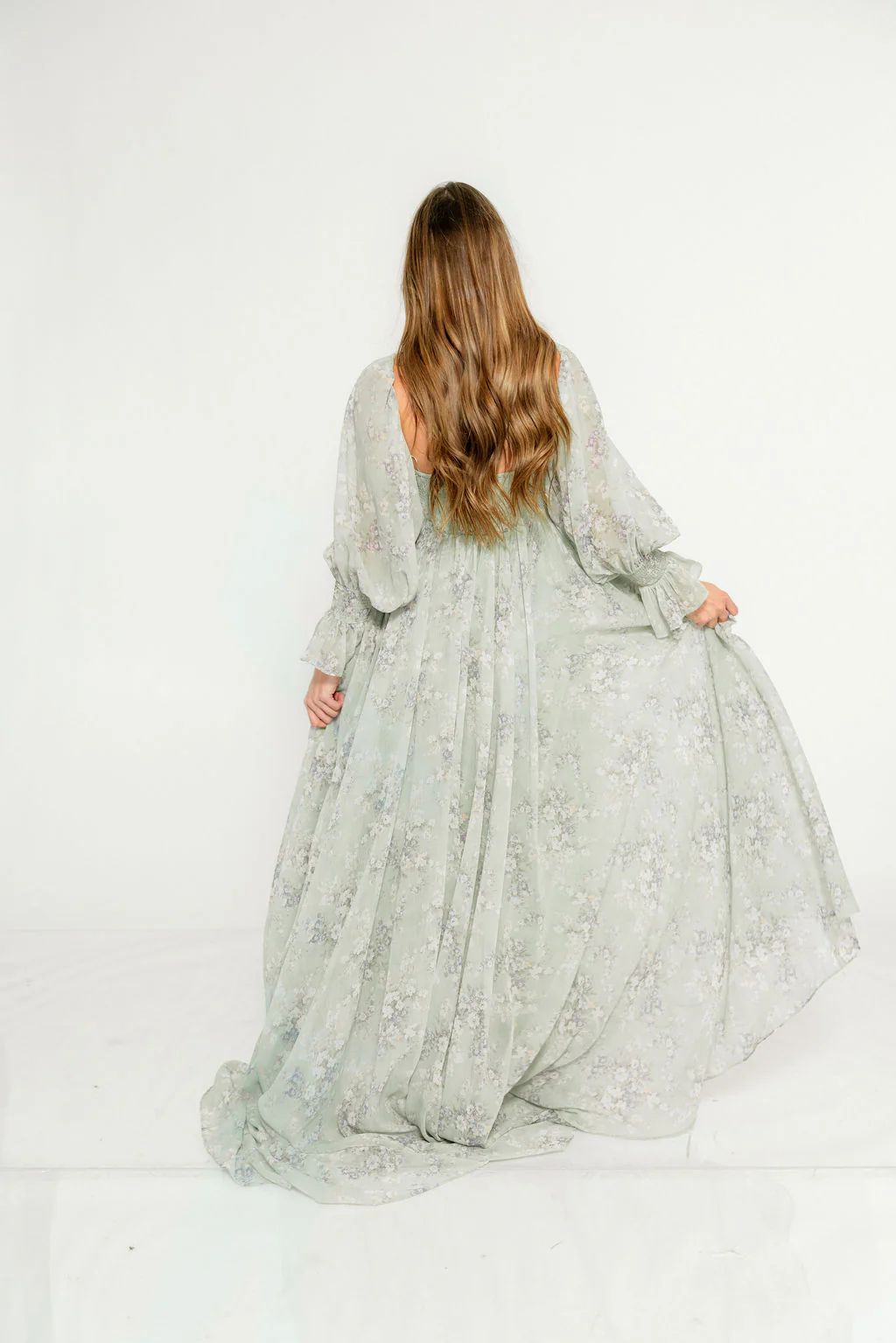 Delilah Maxi Dress with Train in Muted Sage Floral - Bump Friendly - Image 26