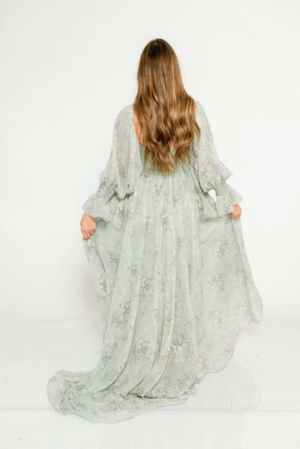 Delilah Maxi Dress with Train in Muted Sage Floral - Bump Friendly - Image 27