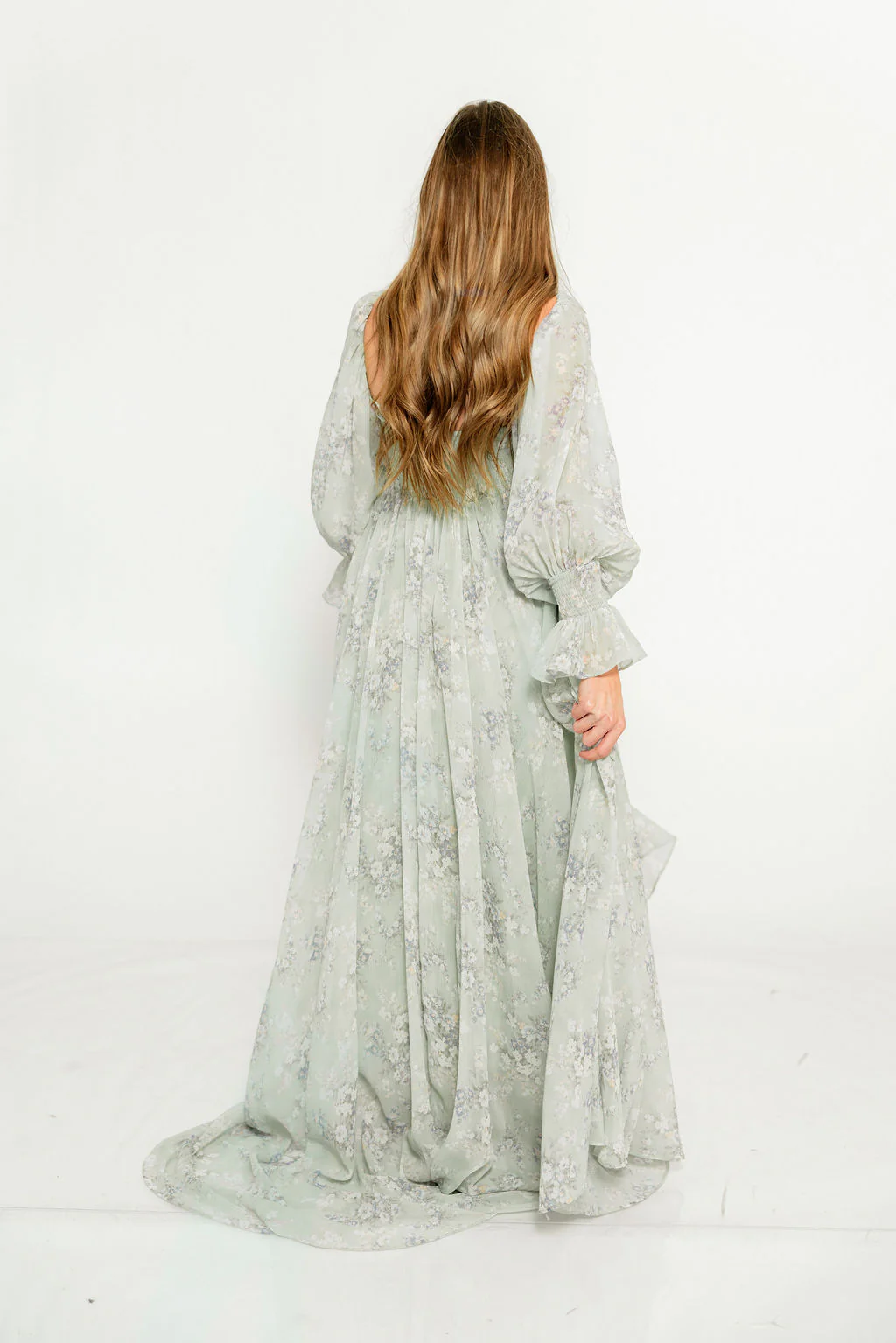 Delilah Maxi Dress with Train in Muted Sage Floral - Bump Friendly - Image 28