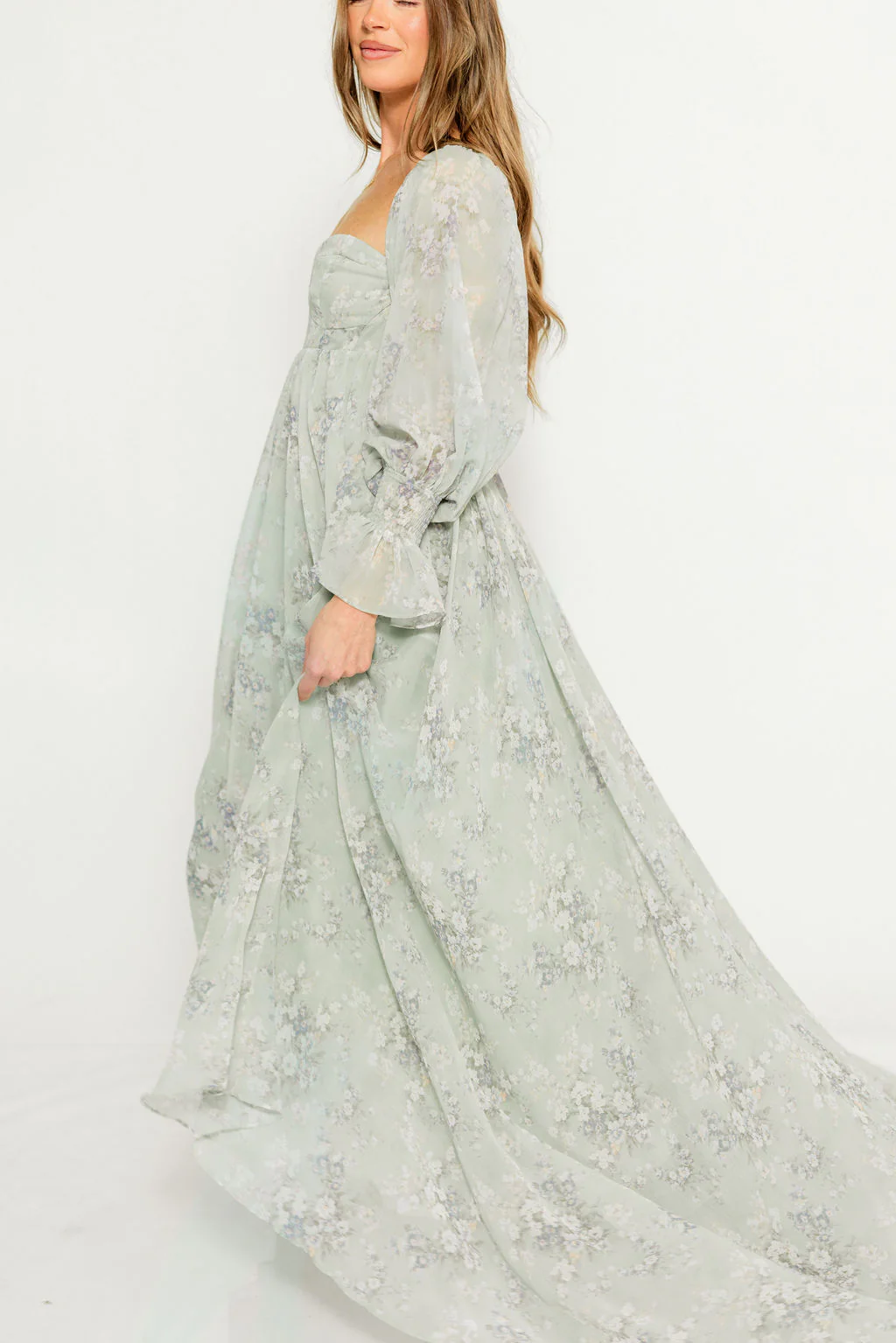 Delilah Maxi Dress with Train in Muted Sage Floral - Bump Friendly - Image 29