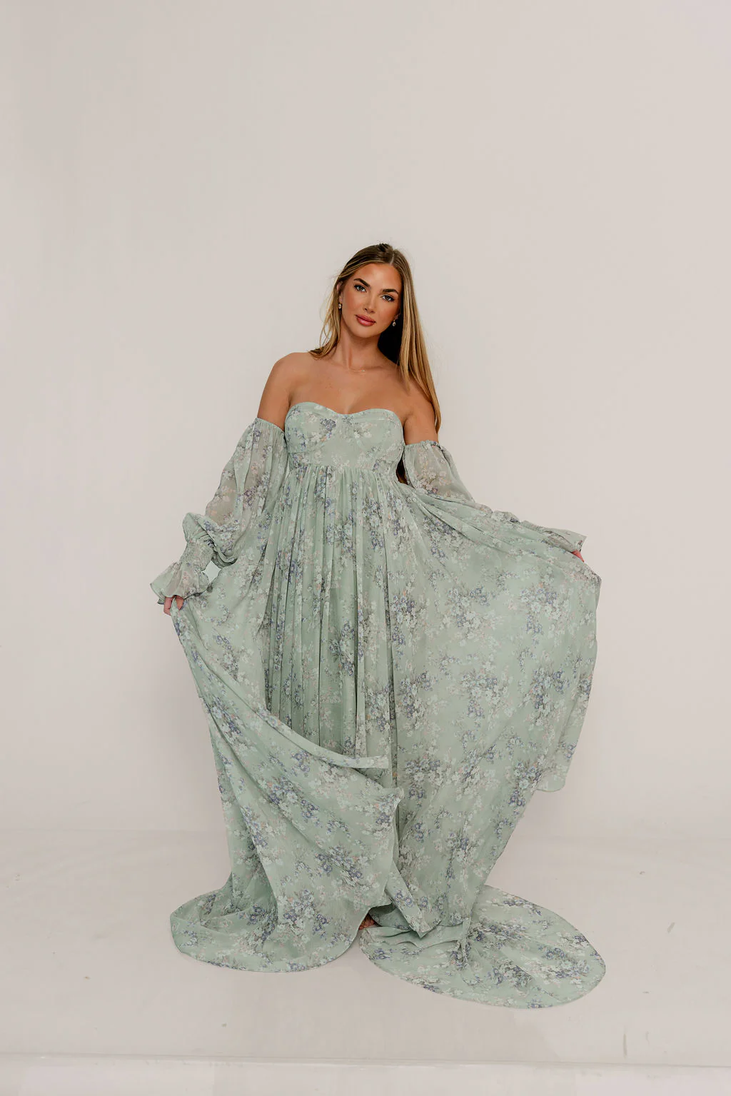 Delilah Maxi Dress with Train in Muted Sage Floral - Bump Friendly - Image 3
