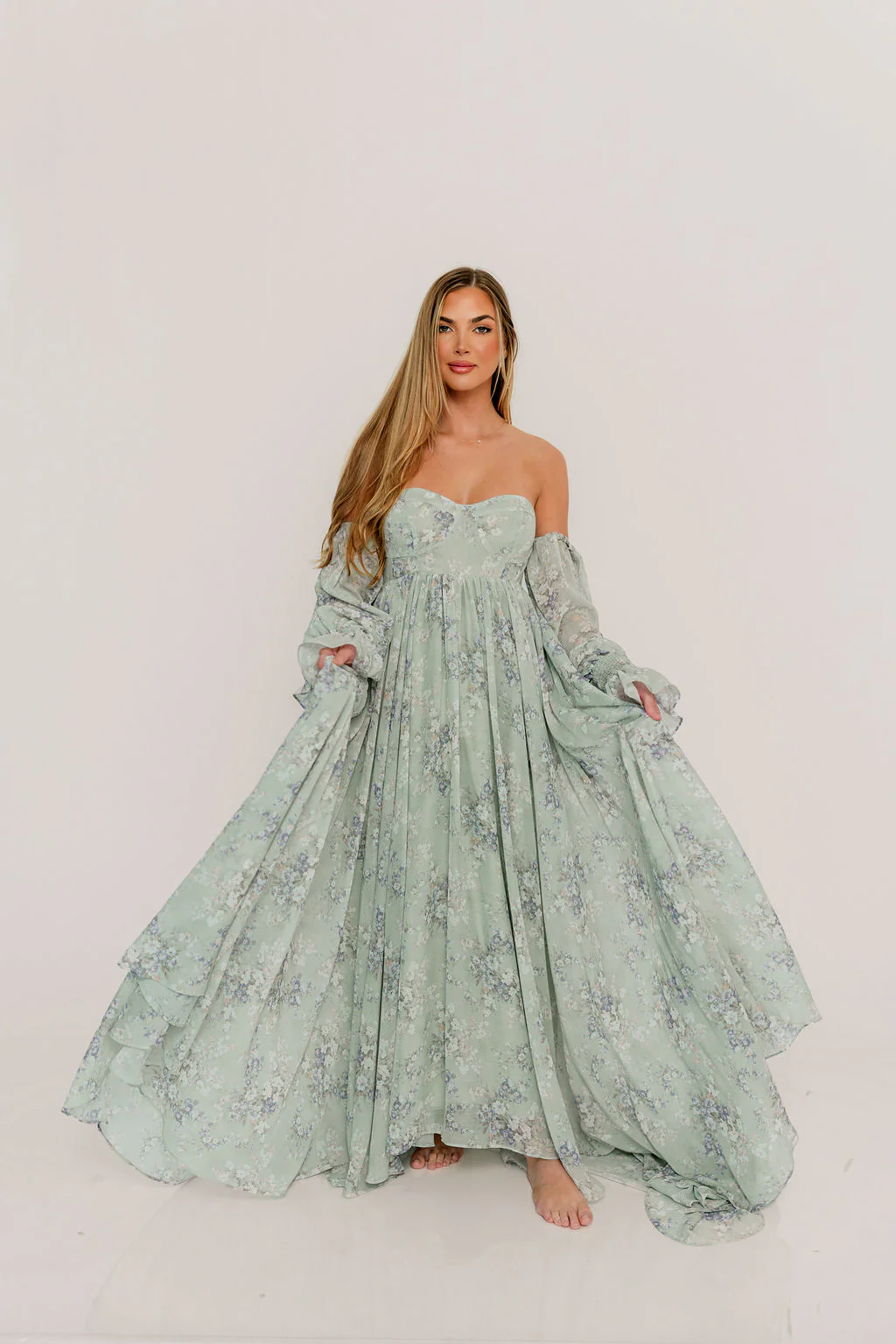 Delilah Maxi Dress with Train in Muted Sage Floral - Bump Friendly - Image 30